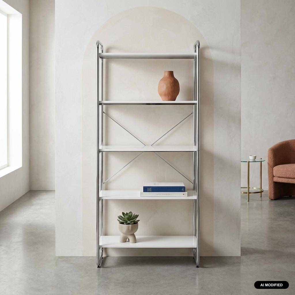 Estantería biblioteca metal cromado y efecto madera, 5 niveles, Lennox, Blanco, 80x40x180 cm Photo1