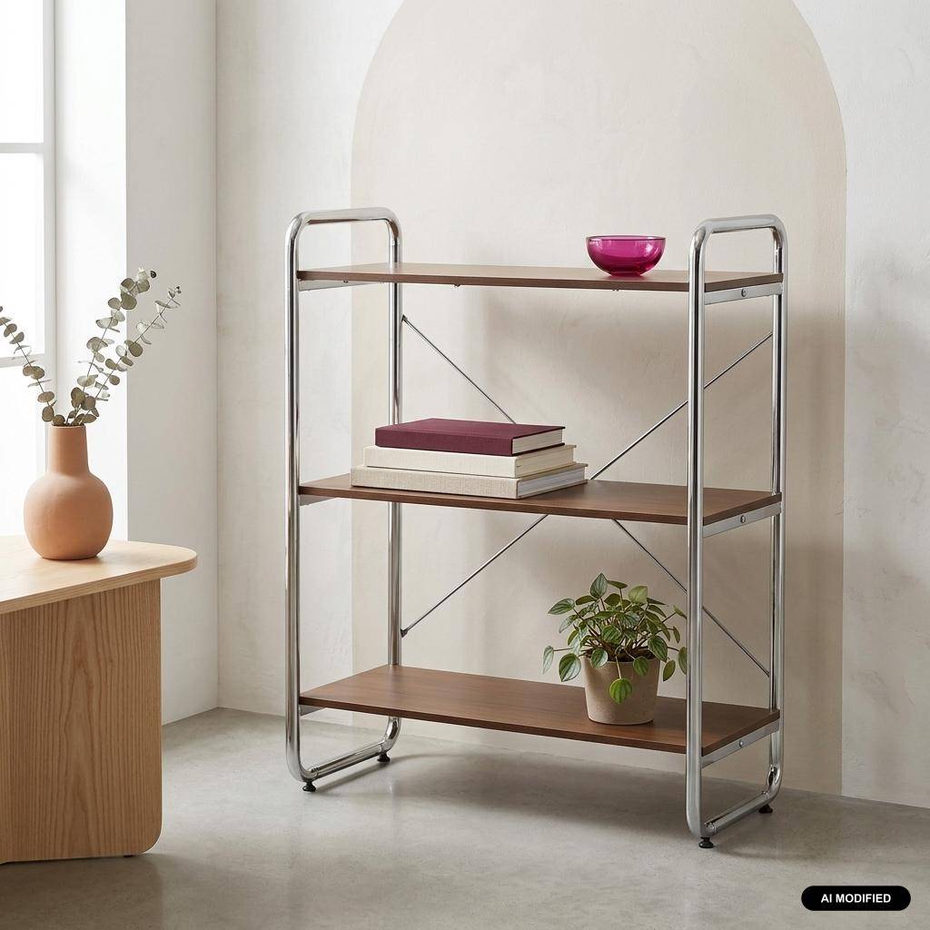 Estantería biblioteca metal cromado y efecto madera, 3 niveles, Lennox, Nogal, 80x40x103.5 cm Photo1