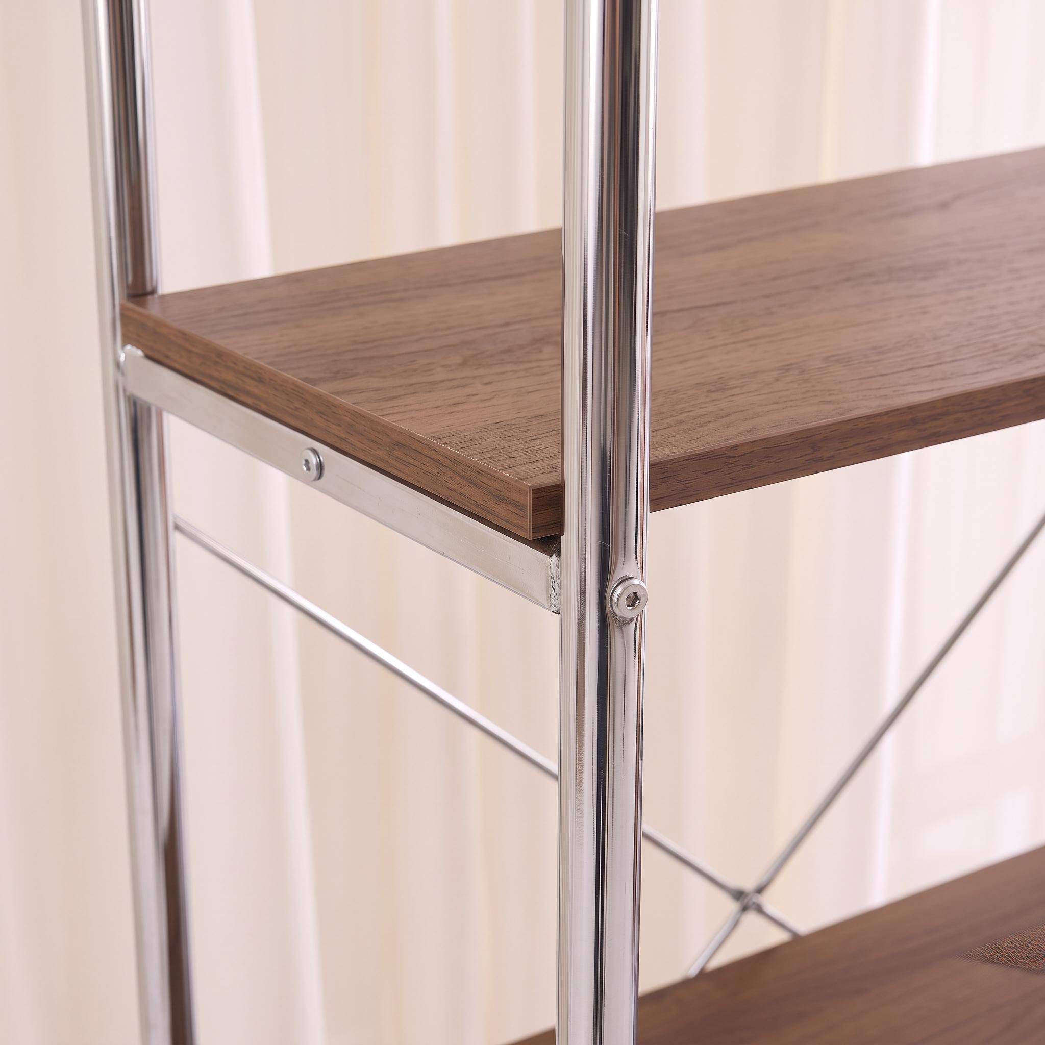 Half open kast met 5 niveaus en 2 schuifdeuren chromen poten en houtdecor walnoot - Lennox Photo4