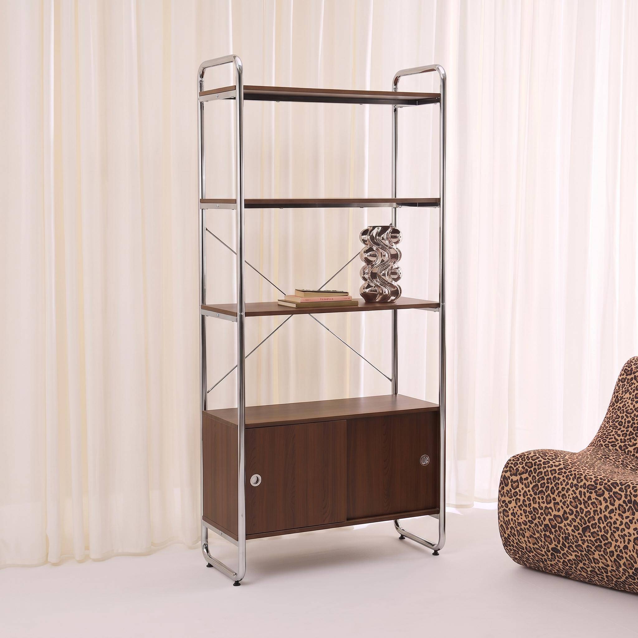 Half open kast met 5 niveaus en 2 schuifdeuren chromen poten en houtdecor walnoot - Lennox,sweeek,Photo3