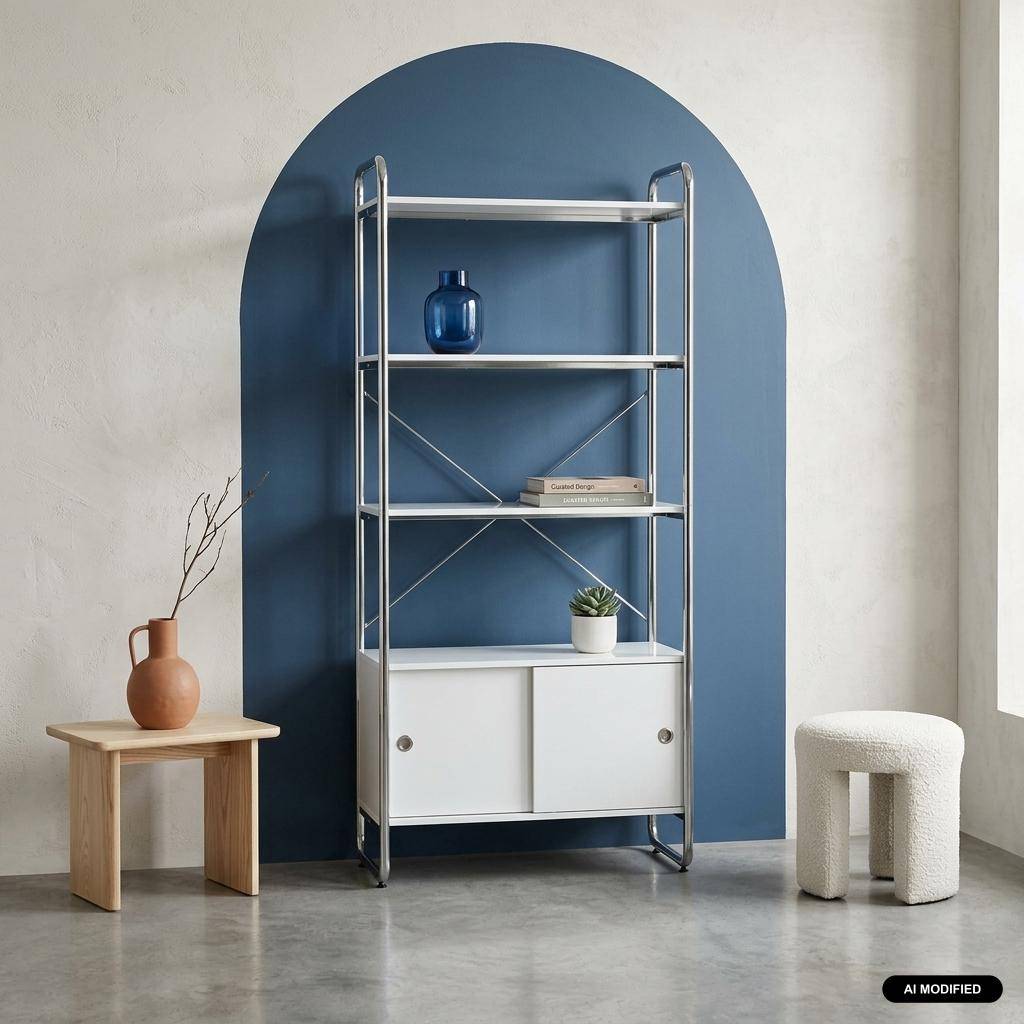Estantería librería en metal cromado y efecto madera con 5 niveles y 2 puertas correderas, Lennox, Blanco, 80x40x180 cm Photo1