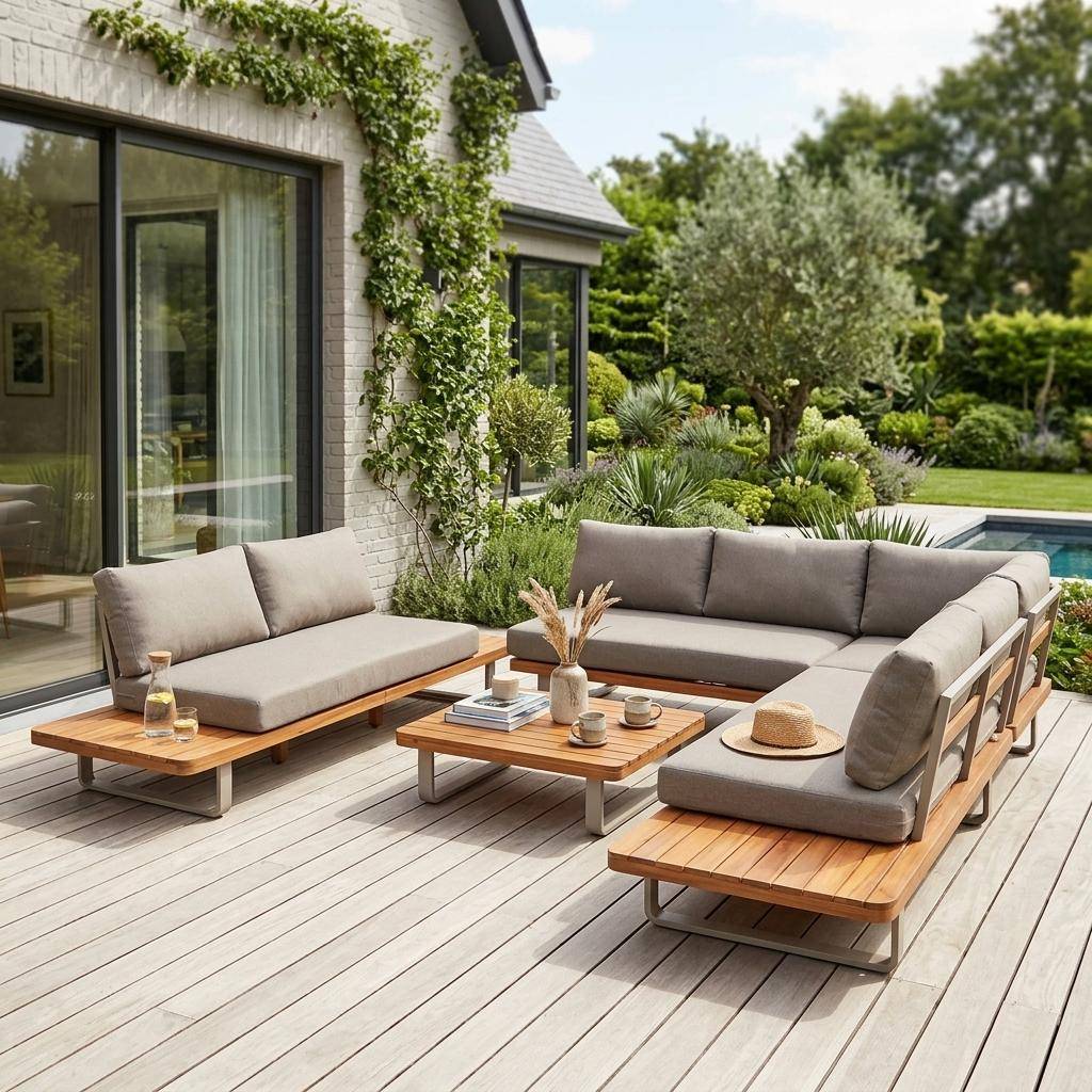 Salotto da giardino angolare in legno di acacia e alluminio, 7 posti Marrone - 115x55x88 cm Photo1