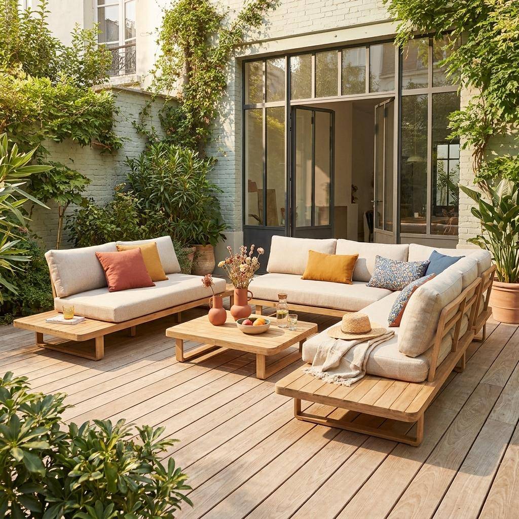 Salotto da giardino angolare in legno di acacia e alluminio, 7 posti Beige - 115x55x88 cm,sweeek,Photo1