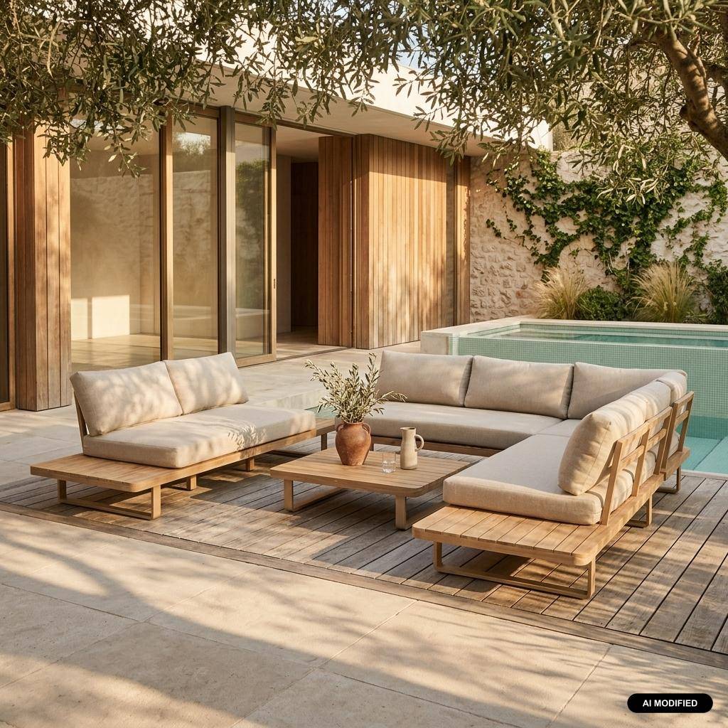 Eck-Gartenlounge aus Akazienholz und Aluminium, 7 Plätze, beige - Acalia Latika,sweeek,Photo1