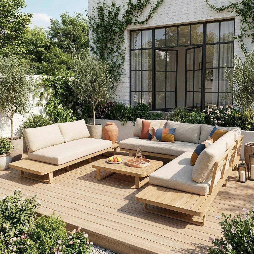 Salotto da giardino angolare in legno di acacia e alluminio, 7 posti Beige - 115x55x88 cm Photo3
