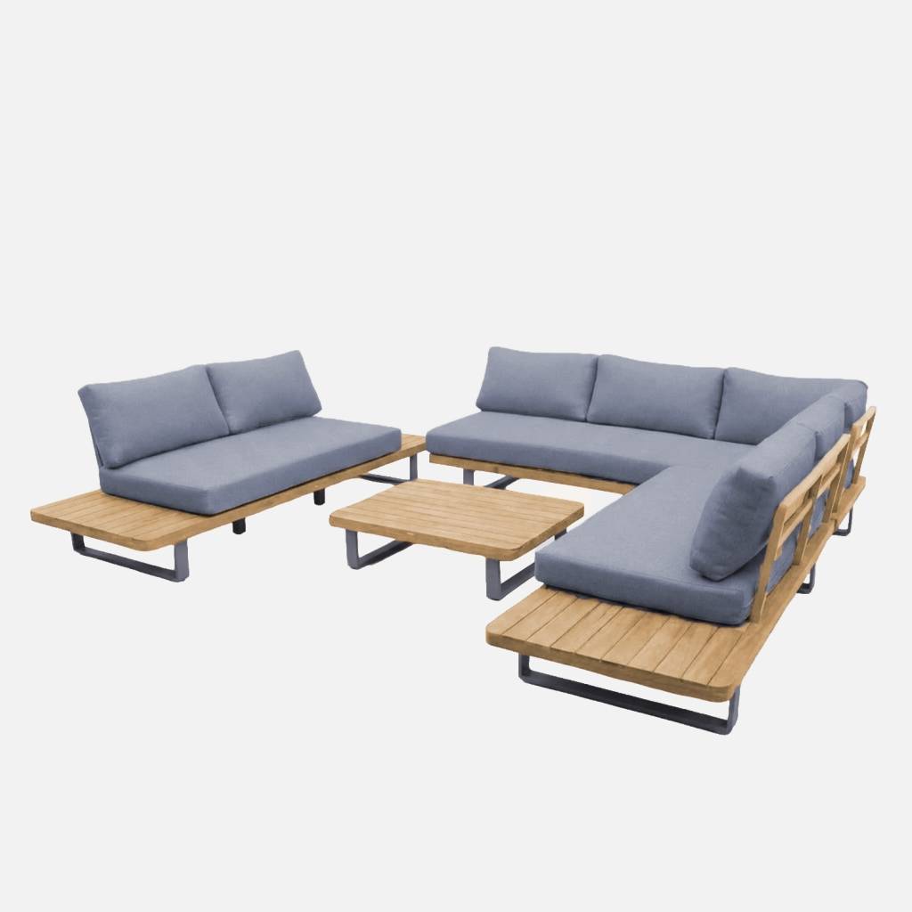 Salon de jardin d'angle bois et aluminium 7 places gris