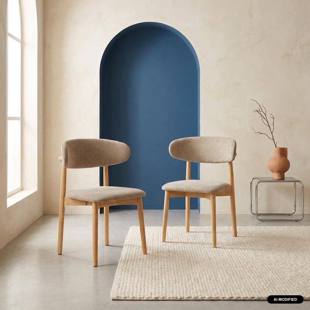 Lot de 2 chaises bois d'hévéa naturel et tissu chenille taupe - Paola Photo1