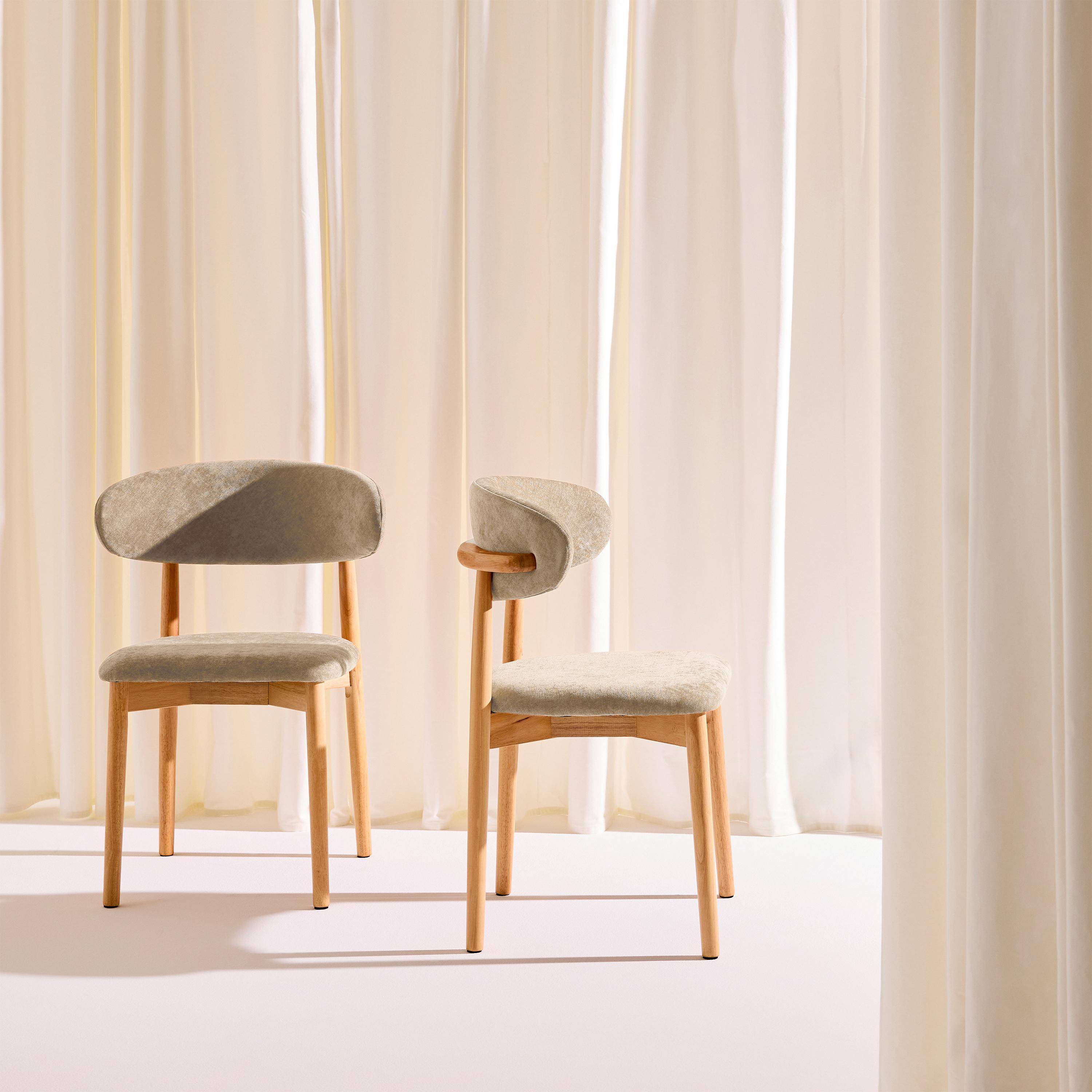 Silla de madera de caucho natural y tela de chenilla, set de 2 Natural - 57x49x79 cm Photo1