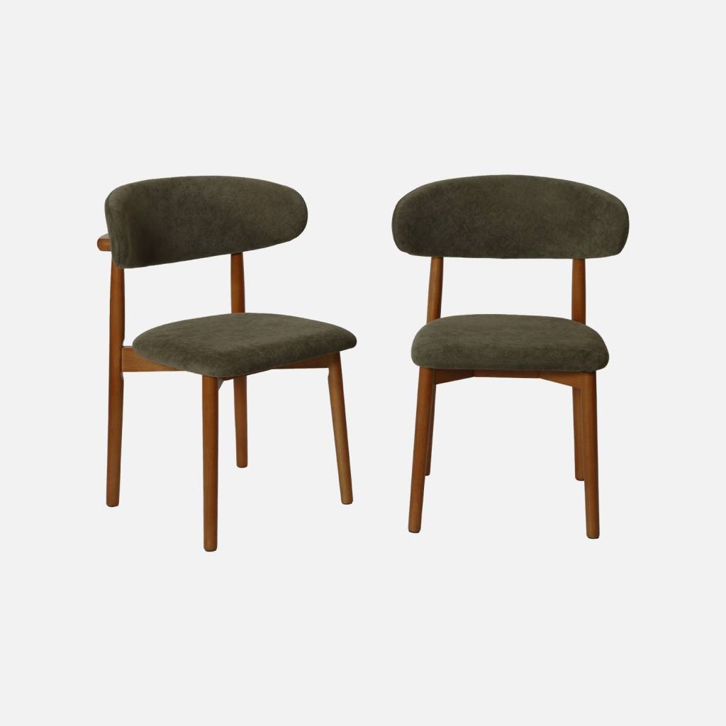 Silla de madera de hevea nogal y tela chenilla (lote de 2), Verde kaki