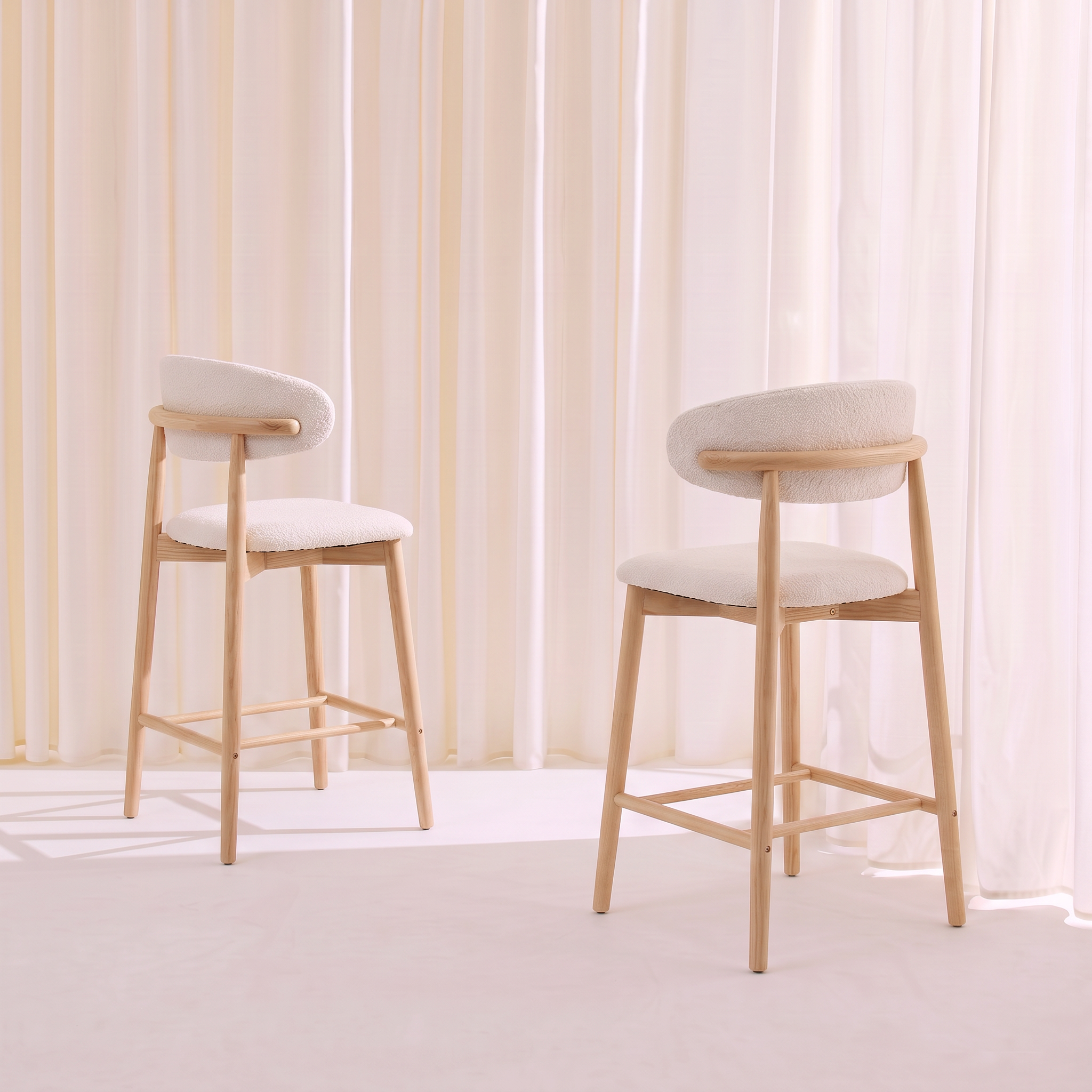 Taburete de bar de madera de hevea y tejido borreguito, set de 2, Paola, Natural, 57x50x100 cm,sweeek,Photo2