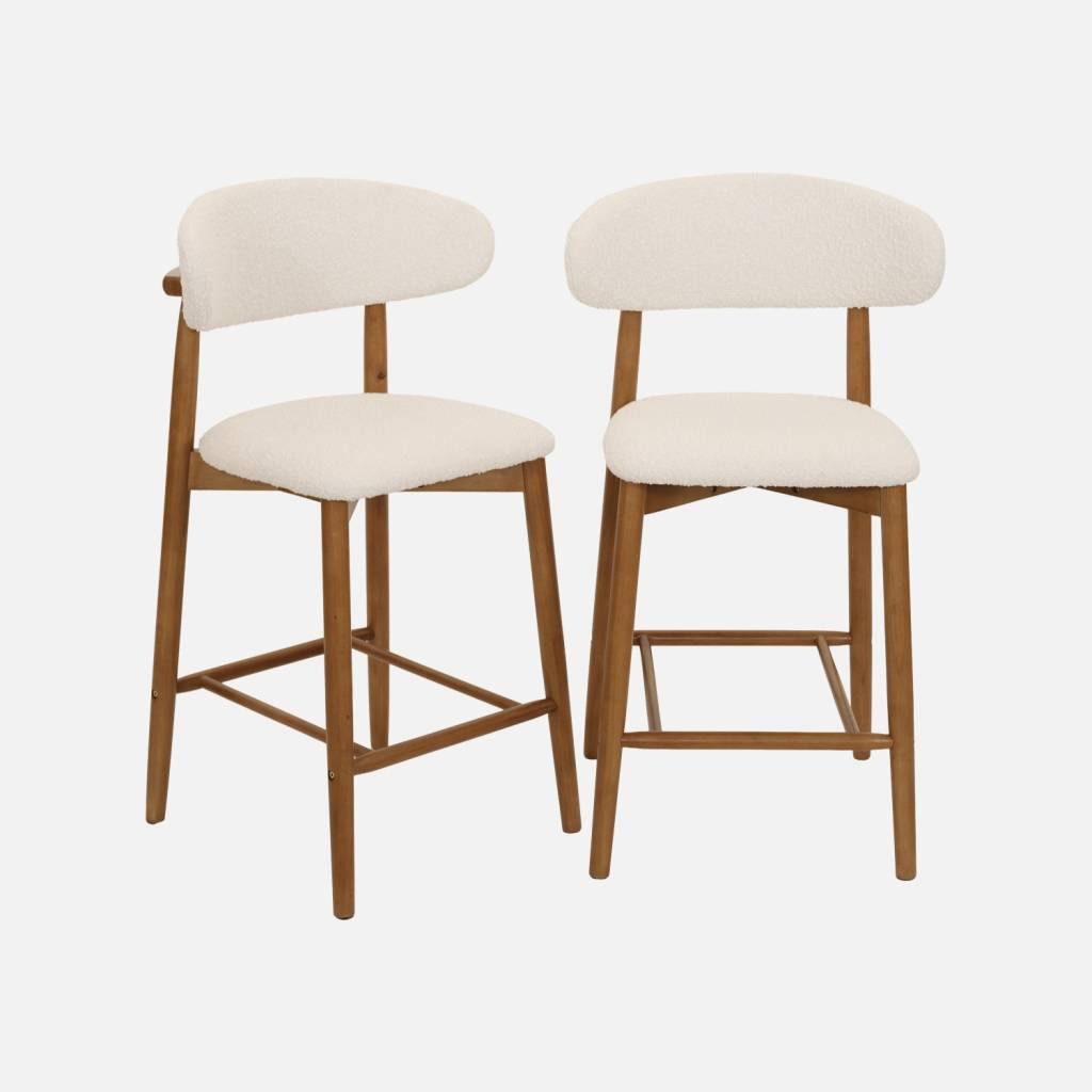 Taburete de bar de madera de hevea y tejido borreguito, set de 2, Nogal