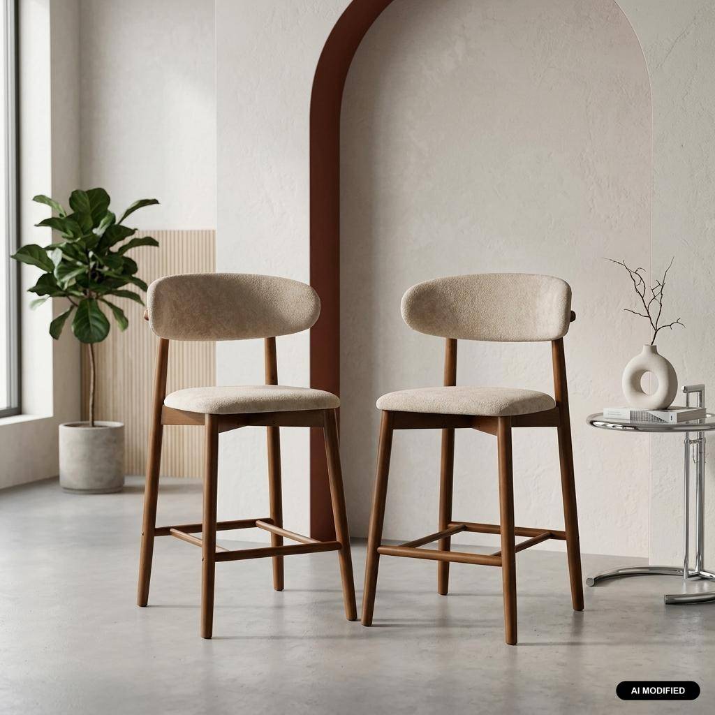 Taburete de bar de madera de hevea nogal y tela chenilla, set de 2, Paola, Nogal, 57x50x100 cm,sweeek,Photo1