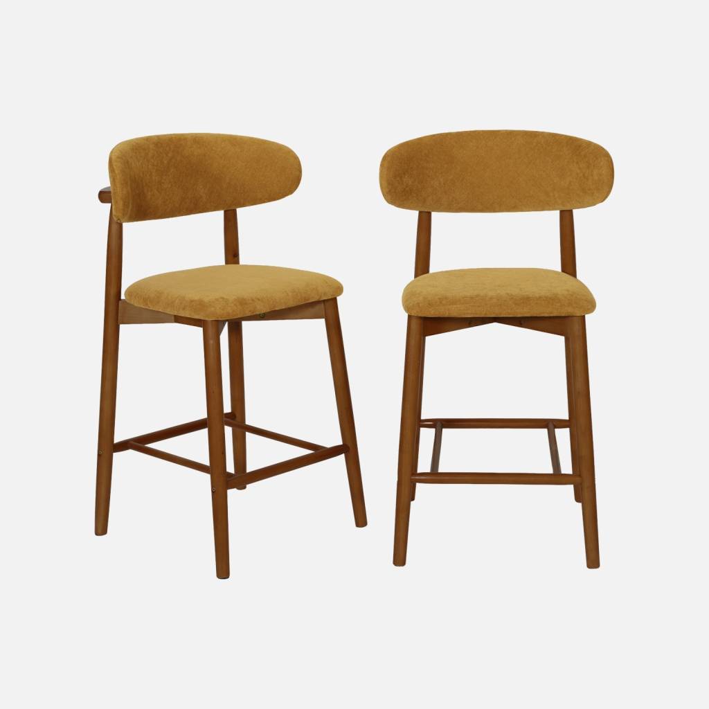 Taburete de bar de madera de hevea nogal y tela chenilla, set de 2, Nogal