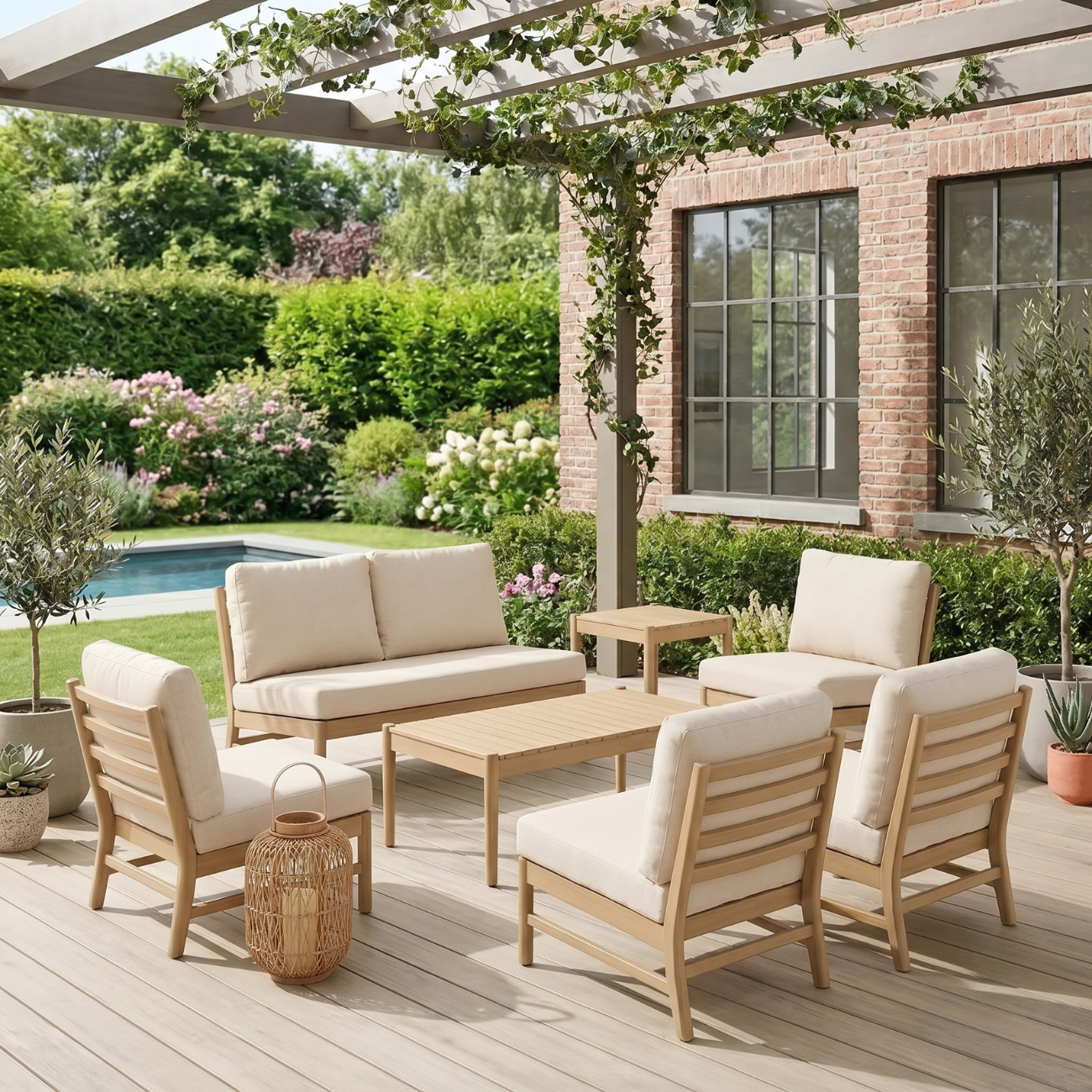 Loungeset van acaciahout met 6 zitplaatsen naturel en beige - Lunari Photo1