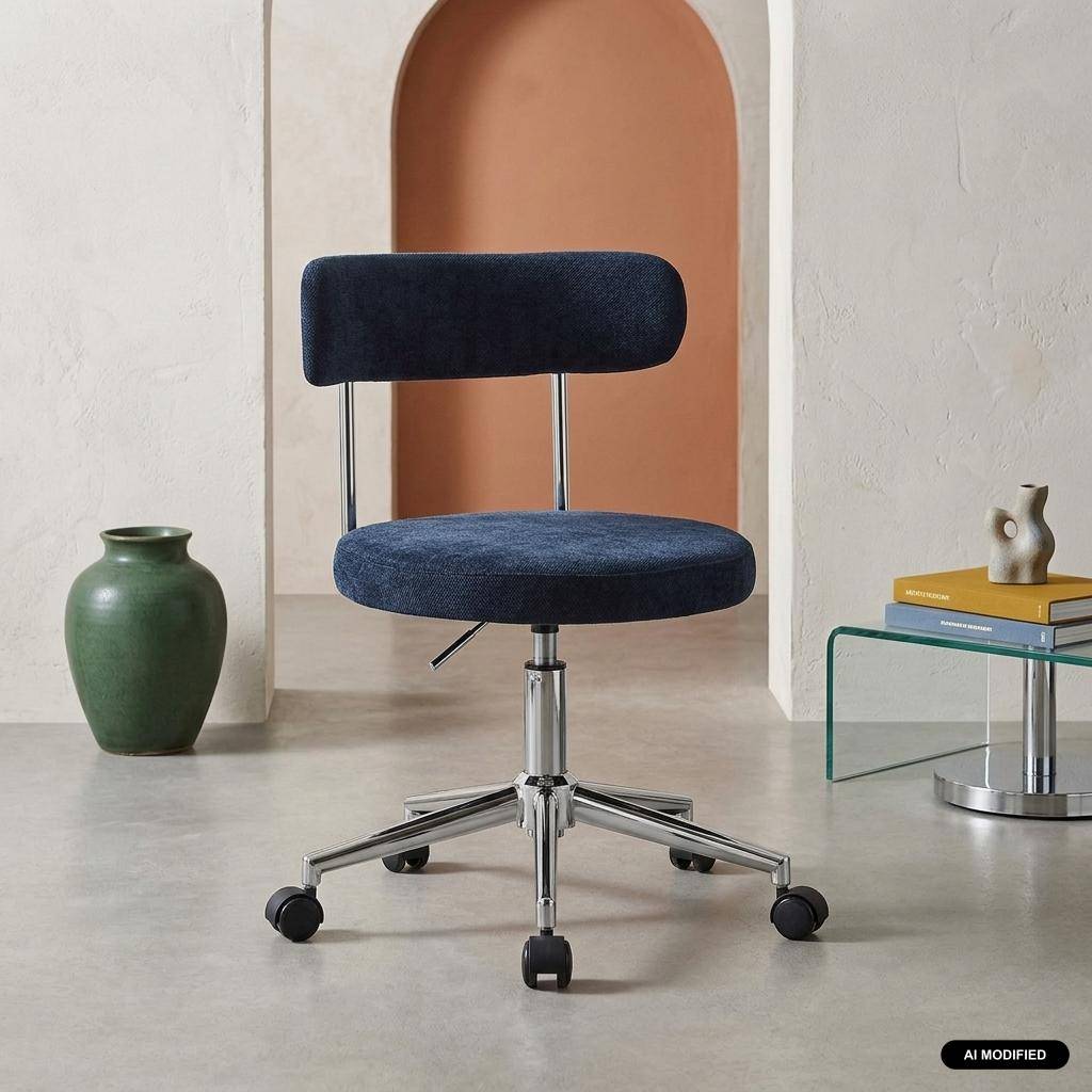 Vintage bureaustoel op wielen stof blauw - Angela Photo1