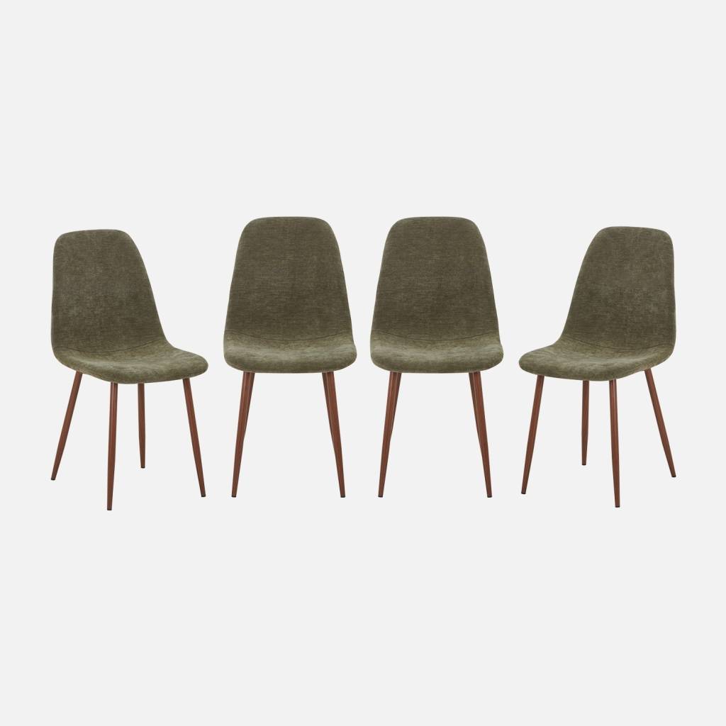 4 stoelen met walnootkleurig houtlook en stof kaki