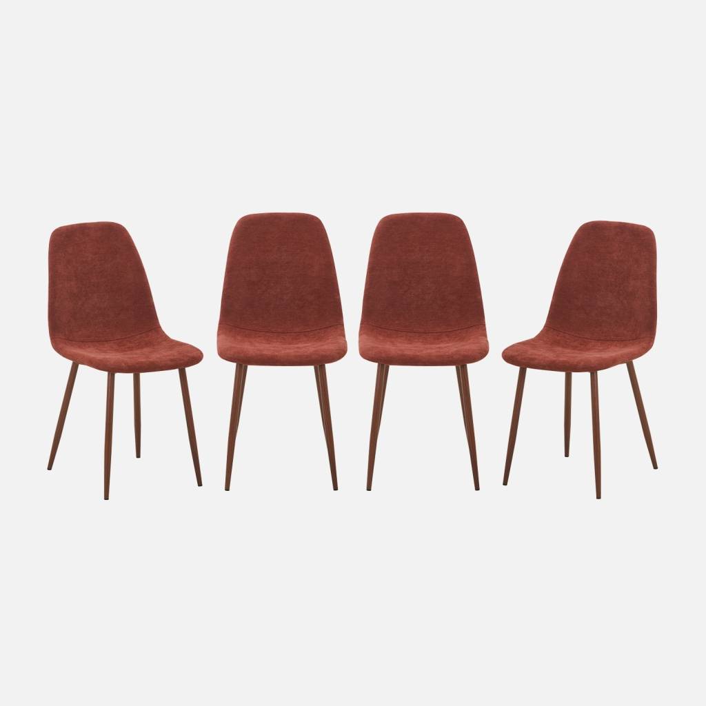 Lot de 4 chaises décor bois teinte noyer et tissu rouge