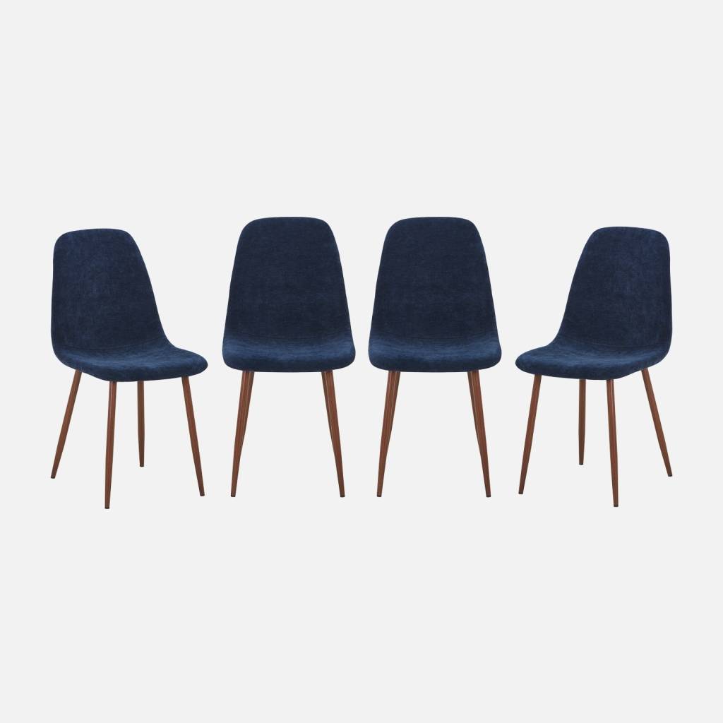 Lot de 4 chaises décor bois teinte noyer et tissu bleu