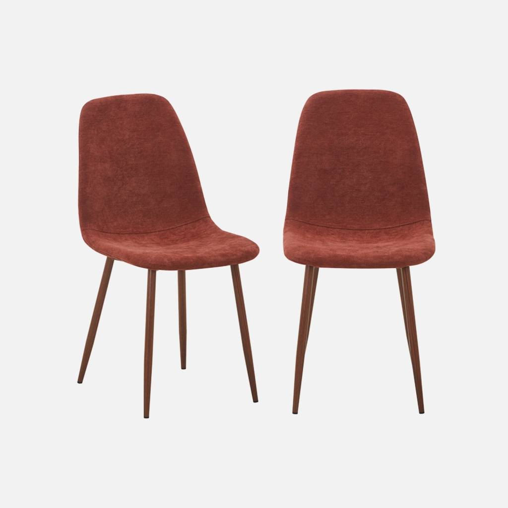 Lot de 2 chaises décor bois teinte noyer et tissu rouge
