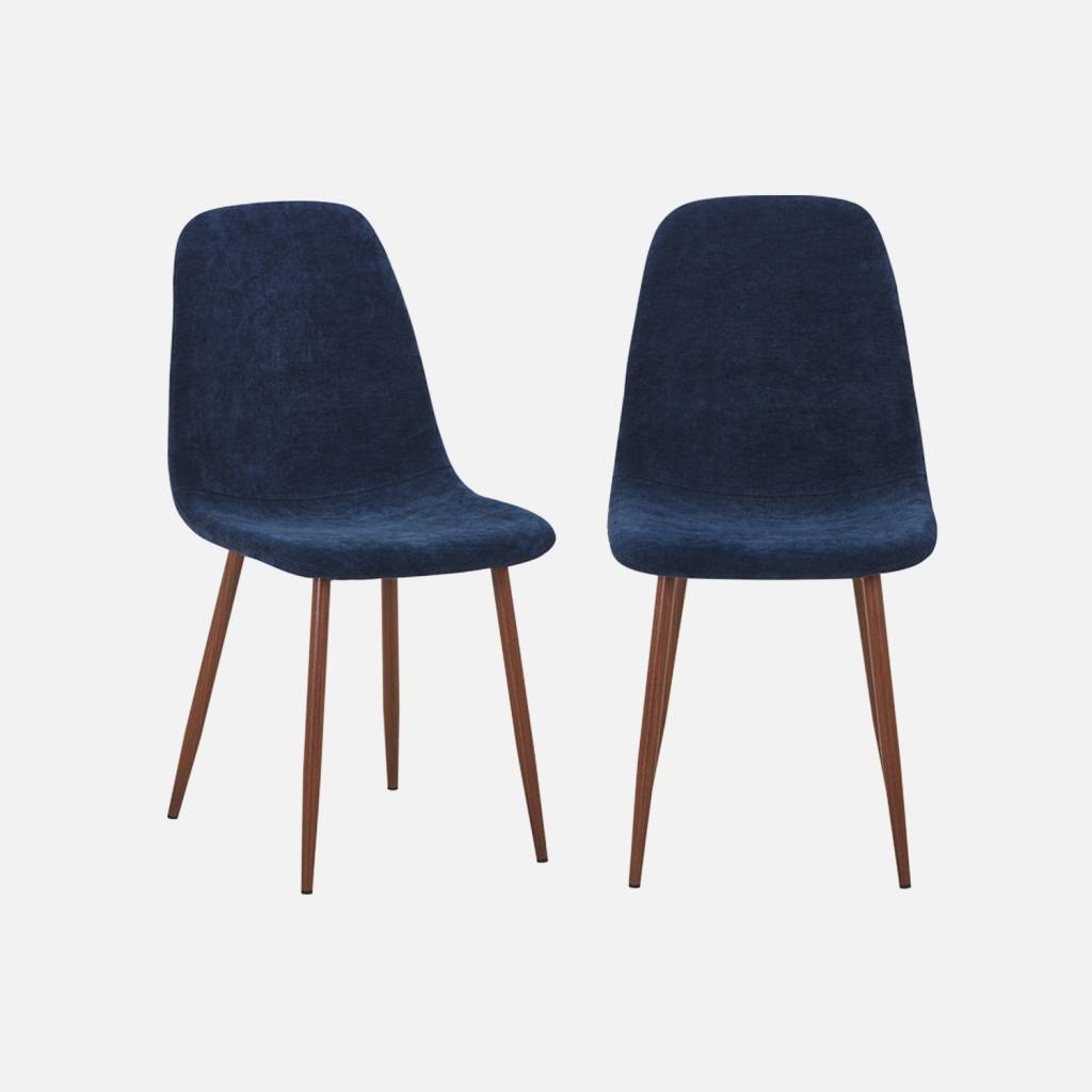 Lot de 2 chaises décor bois teinte noyer et tissu bleu