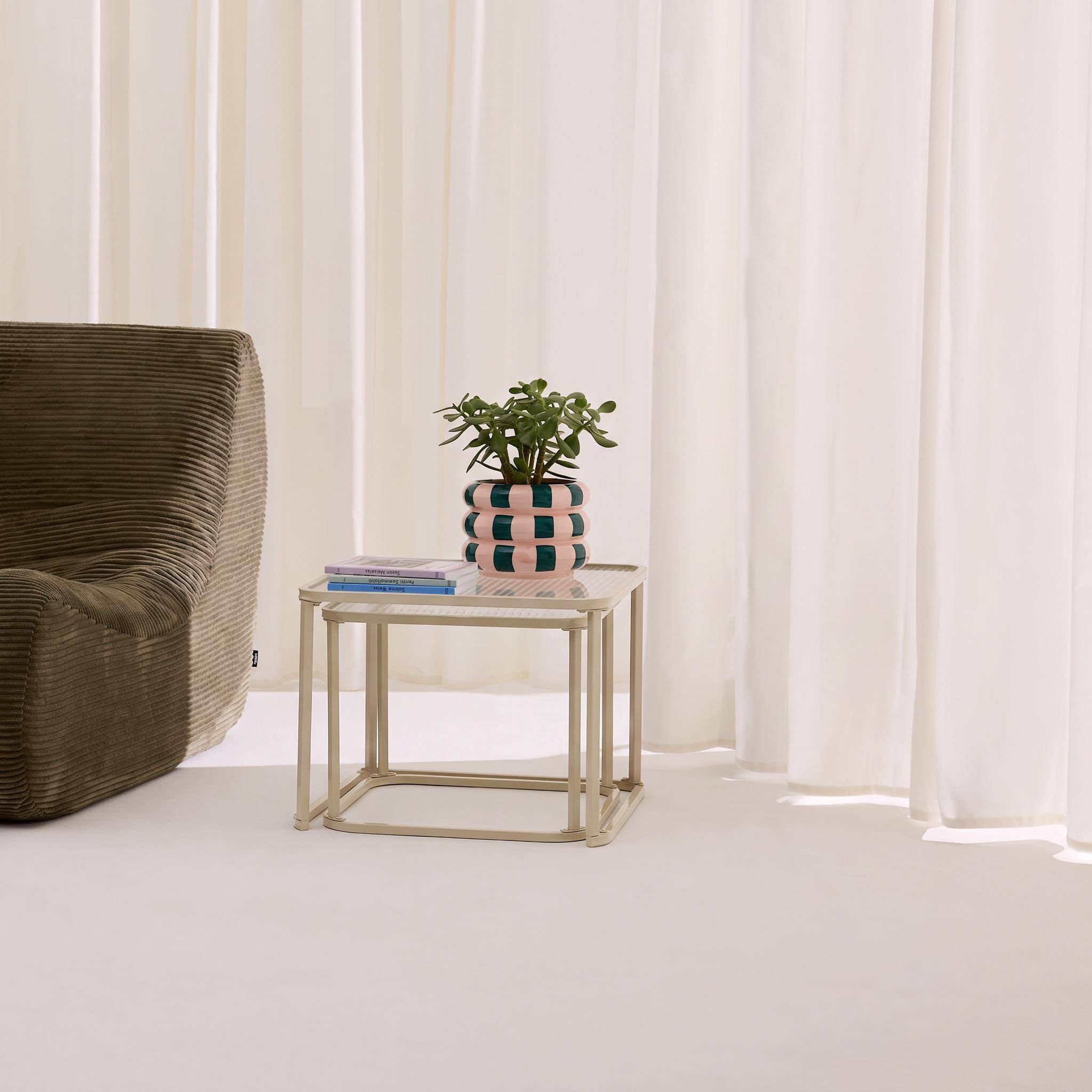 Set of 2 nesting tables metal and ribbed glass off-white - Tano Photo2