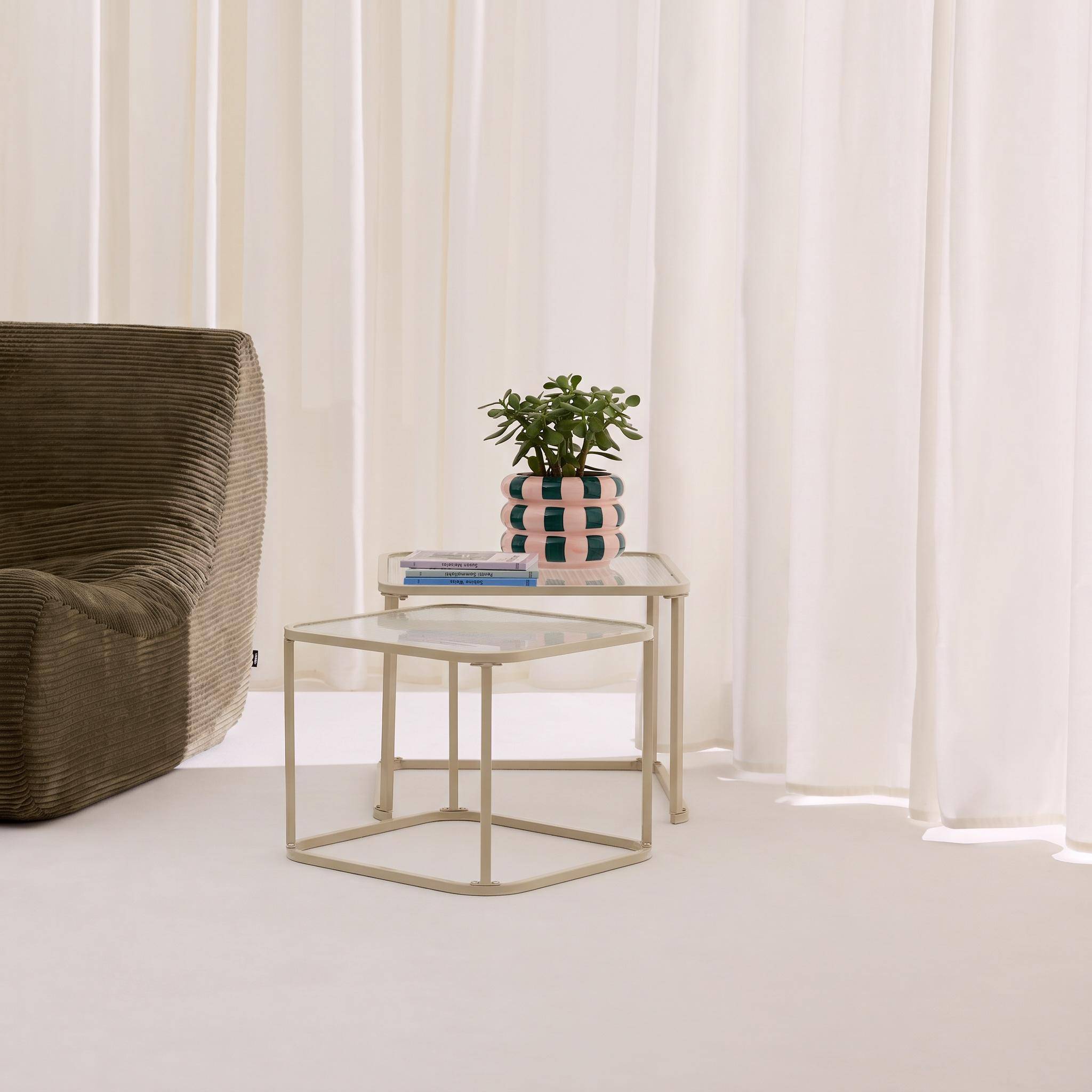 Set of 2 nesting tables metal and ribbed glass off-white - Tano Photo1