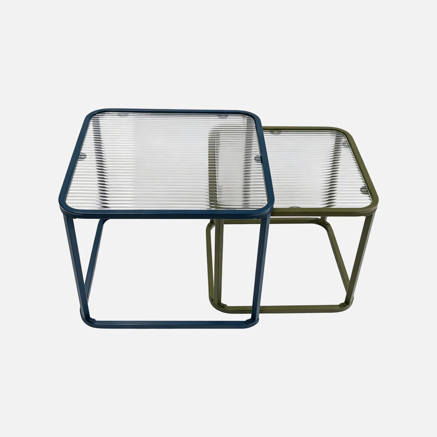 Nesttafels van metaal en geribbeld glas in blauw en groen - Tano Photo2
