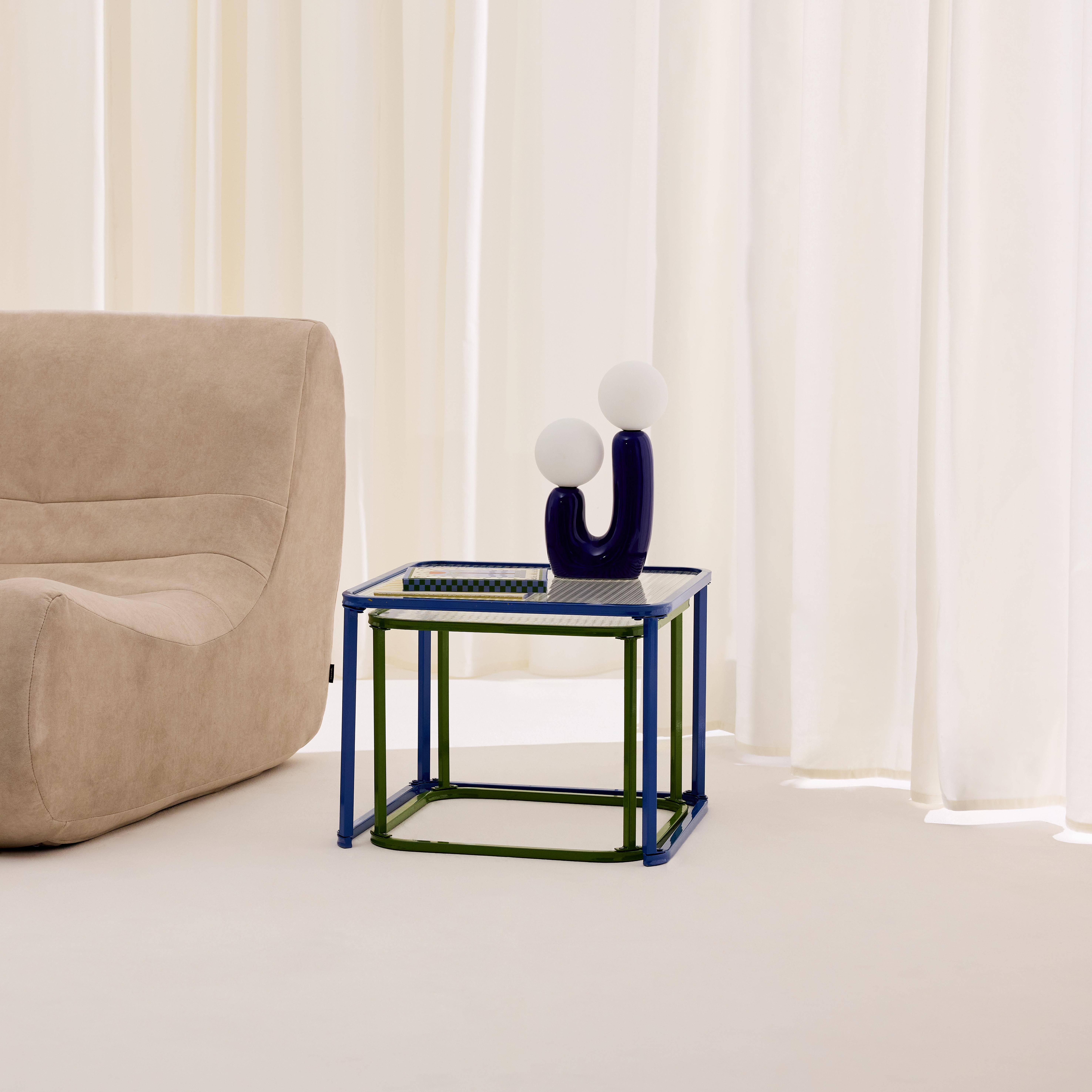 Set of 2 nesting tables metal and ribbed glass blue and green - Tano Photo2