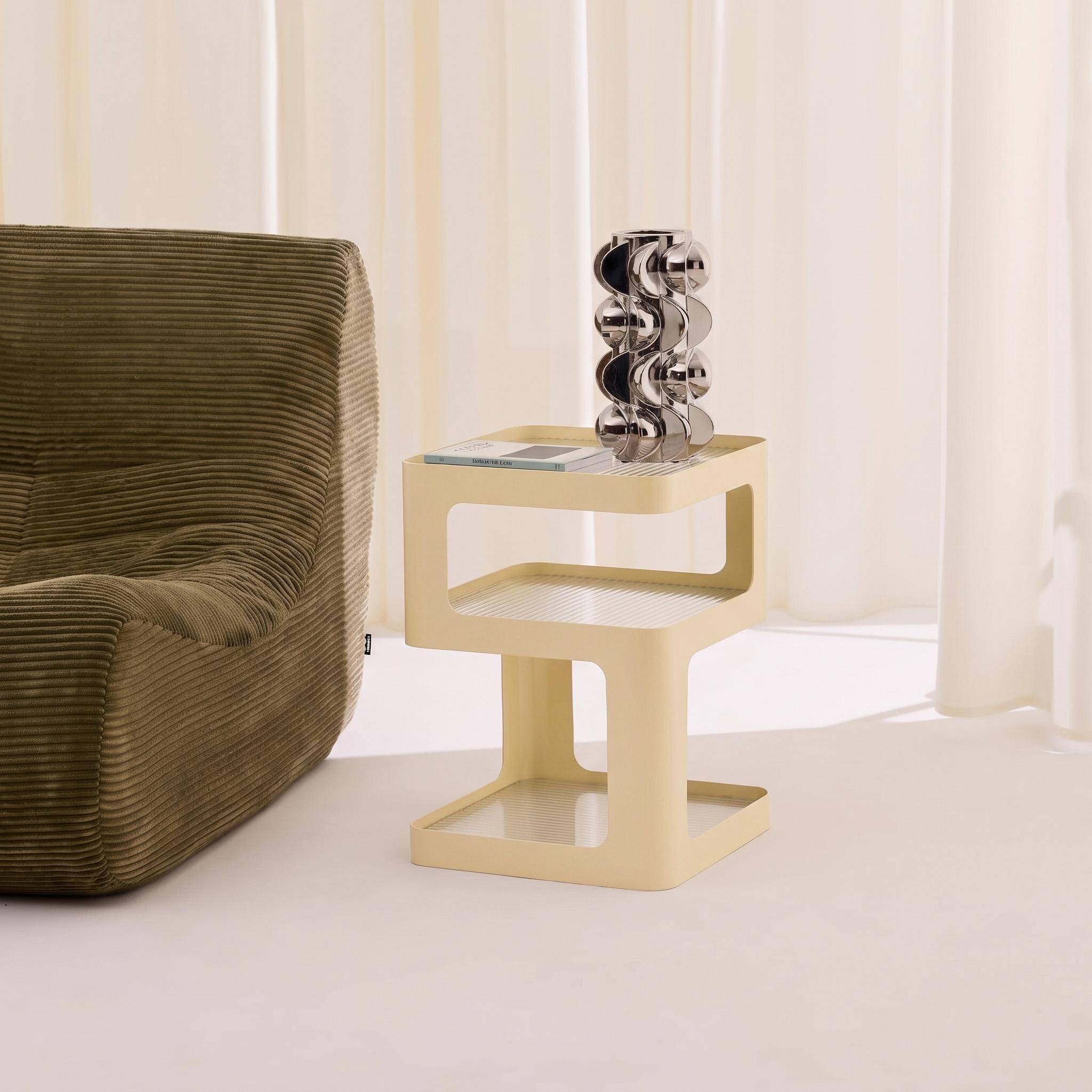 Side table, bedside table metal and ribbed glass off-white 35x35x49 cm - Nae Photo3