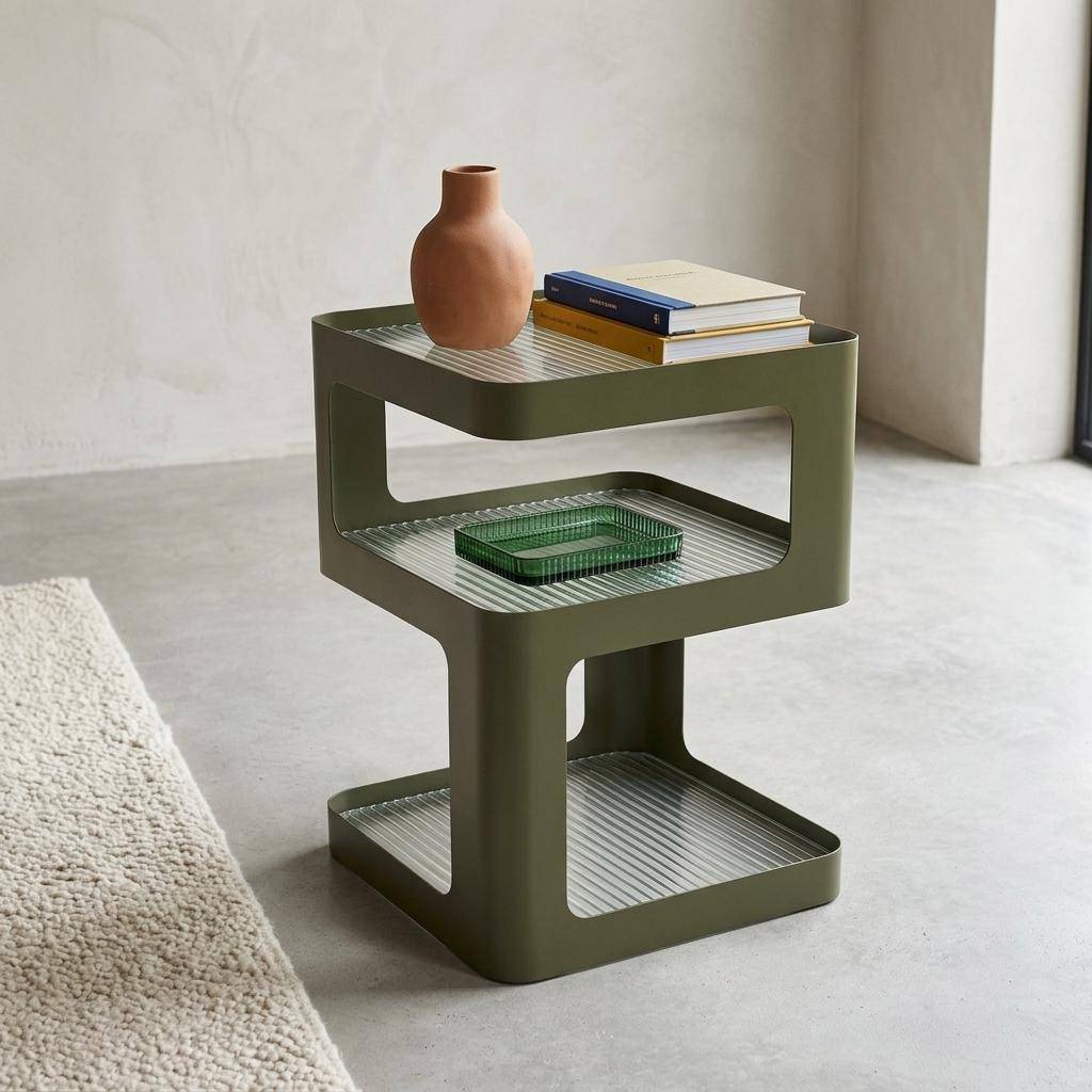 Mesa de apoio e de cabeceira de metal e vidro canelado , L35 x H50cm, Nae, Verde, 35x35x49 cm Photo1