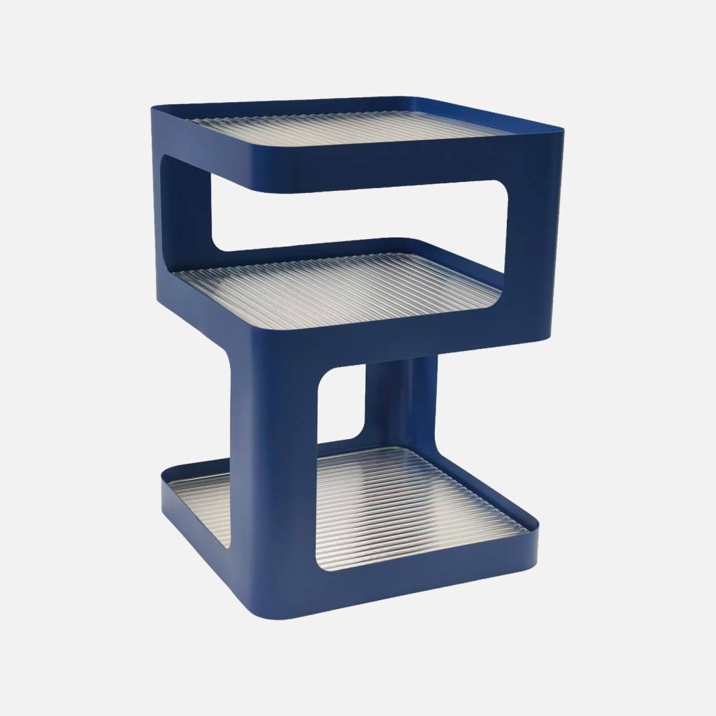 Mesa de apoio e de cabeceira de metal e vidro canelado , L35 x H50cm, Azul