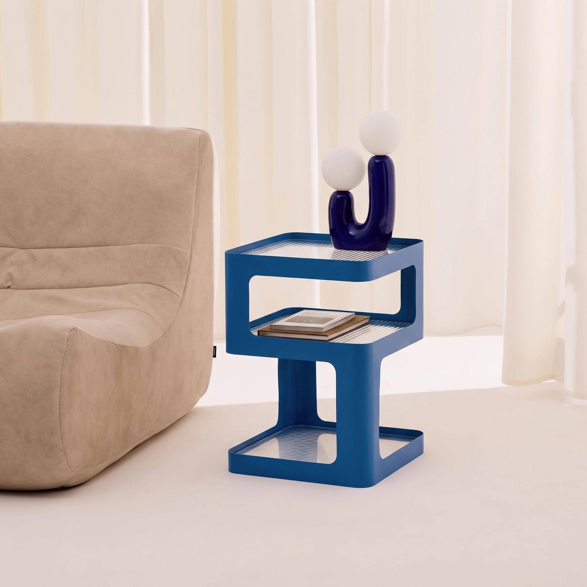 Side table, bedside table metal and ribbed glass blue 35x35x49 cm - Nae,sweeek,Photo2