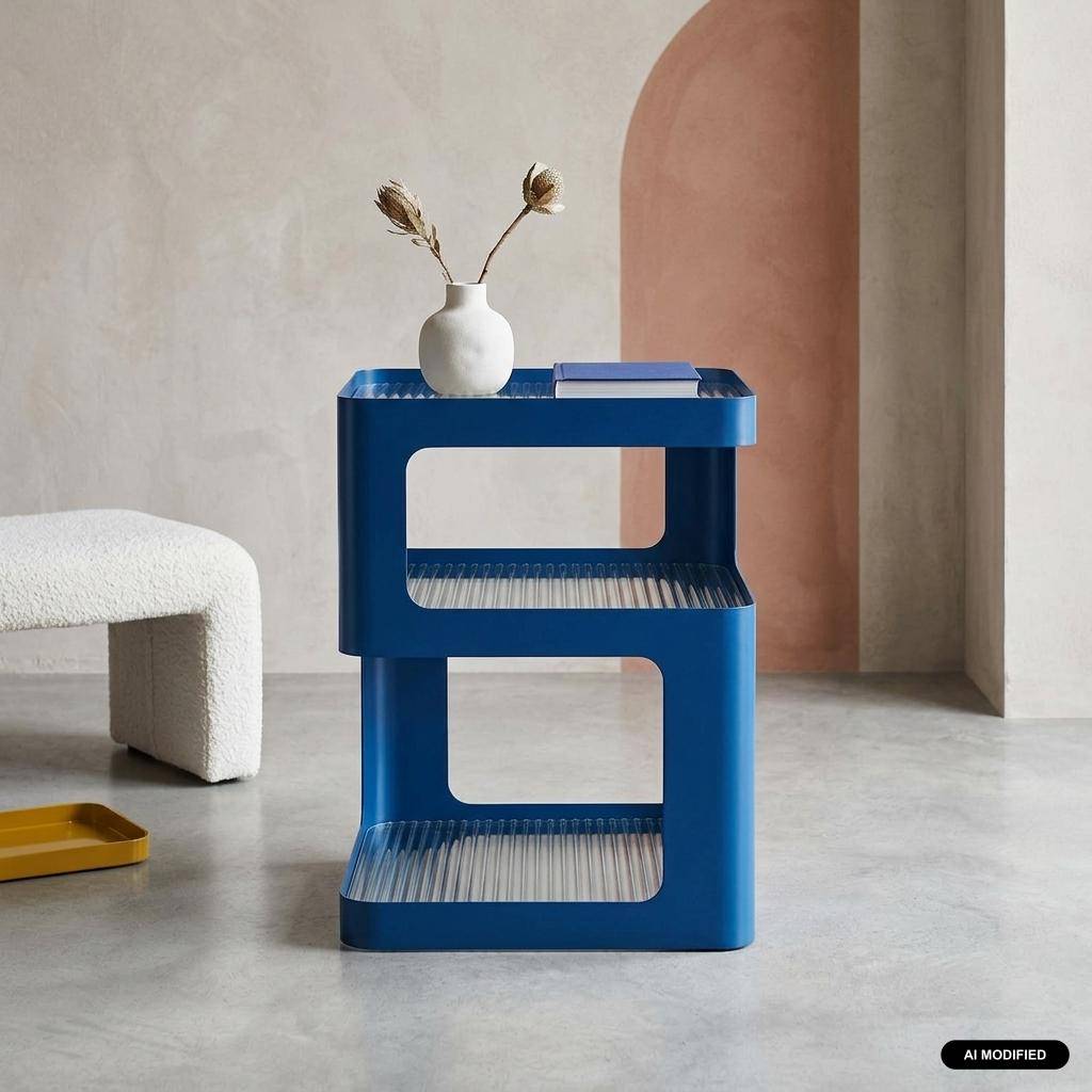 Mesa de apoio e de cabeceira de metal e vidro canelado, L35 x H50cm, Nae, Azul, 35x35x49 cm Photo1