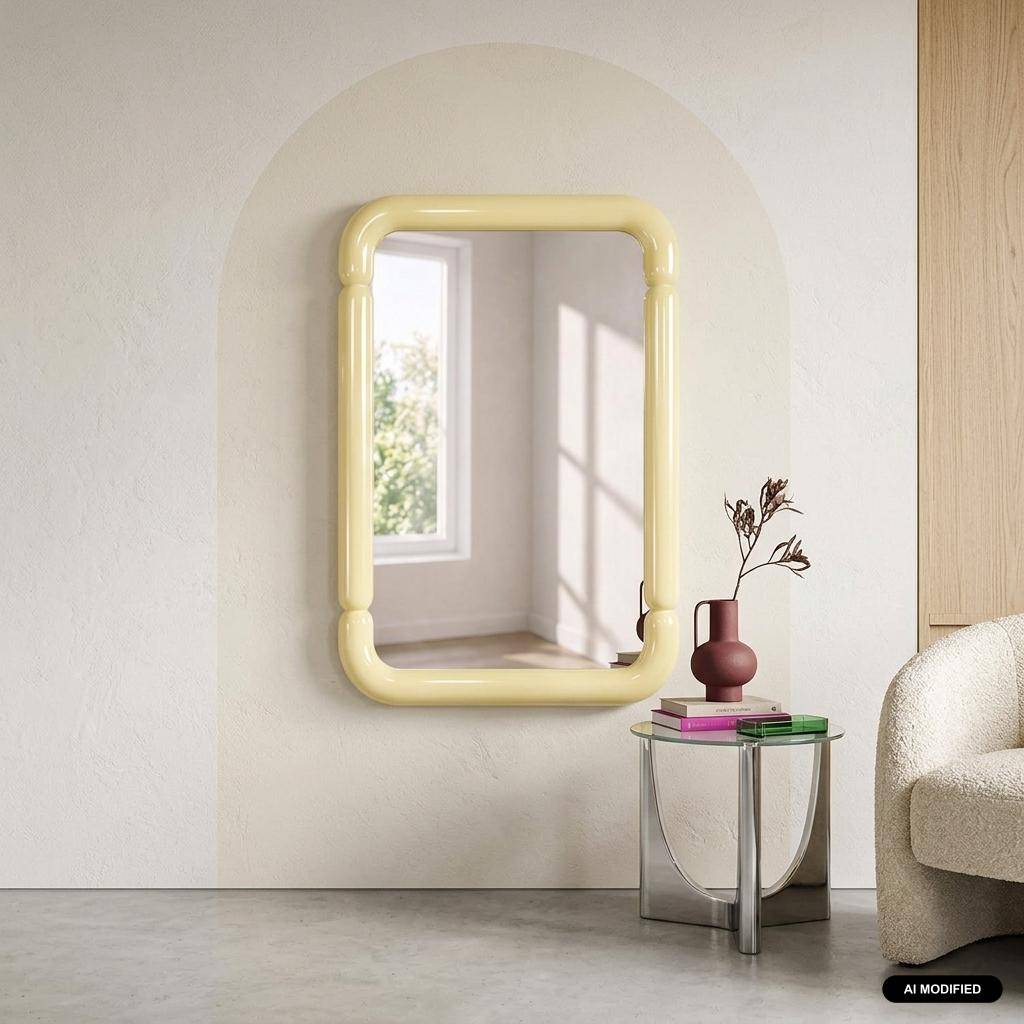 Specchio rettangolare decorativo in legno, 106cm, Volt, Giallo pastello, 106x36x7 cm Photo1
