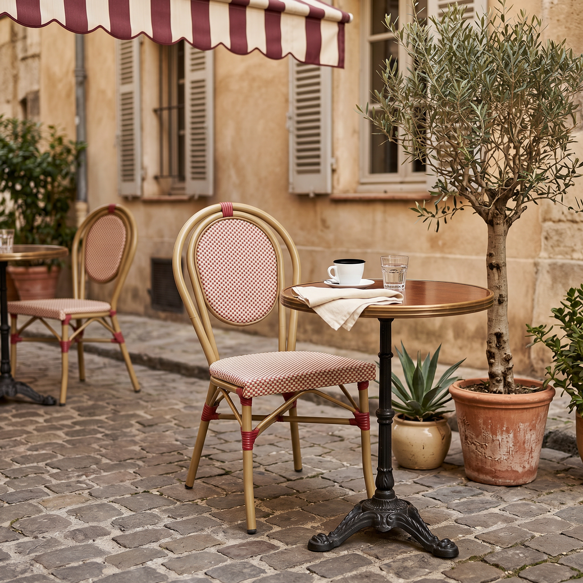 Chaise de terrasse bistrot en textile et aluminium rouge et beige - Opera Photo1