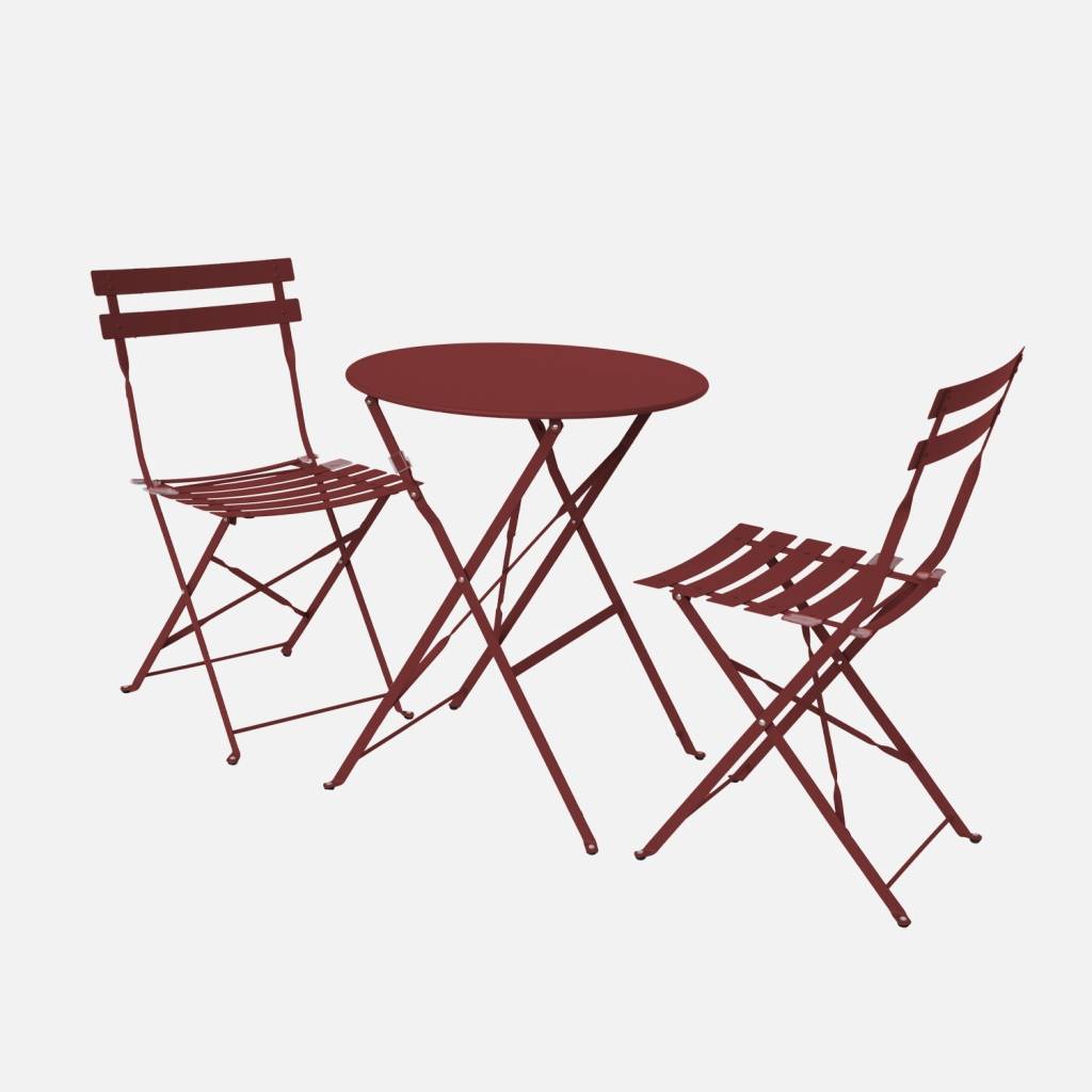 Set tavolo da giardino bistrot pieghevole in acciaio con 2 sedie, Ø60cm, Bordeaux