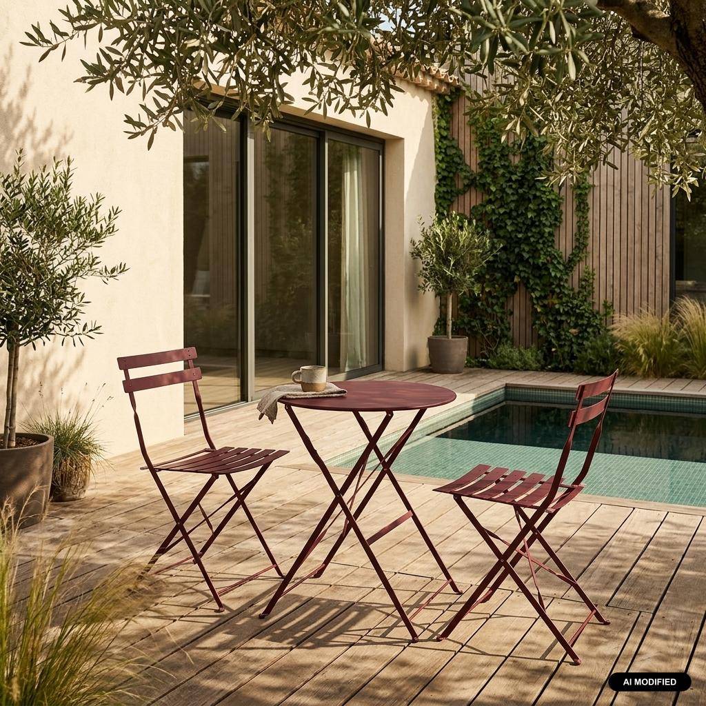 Set mesa de jardín bistró plegable de acero con 2 sillas,  ø60cm, Emilia, Burdeos, 60x60x71 cm Photo1