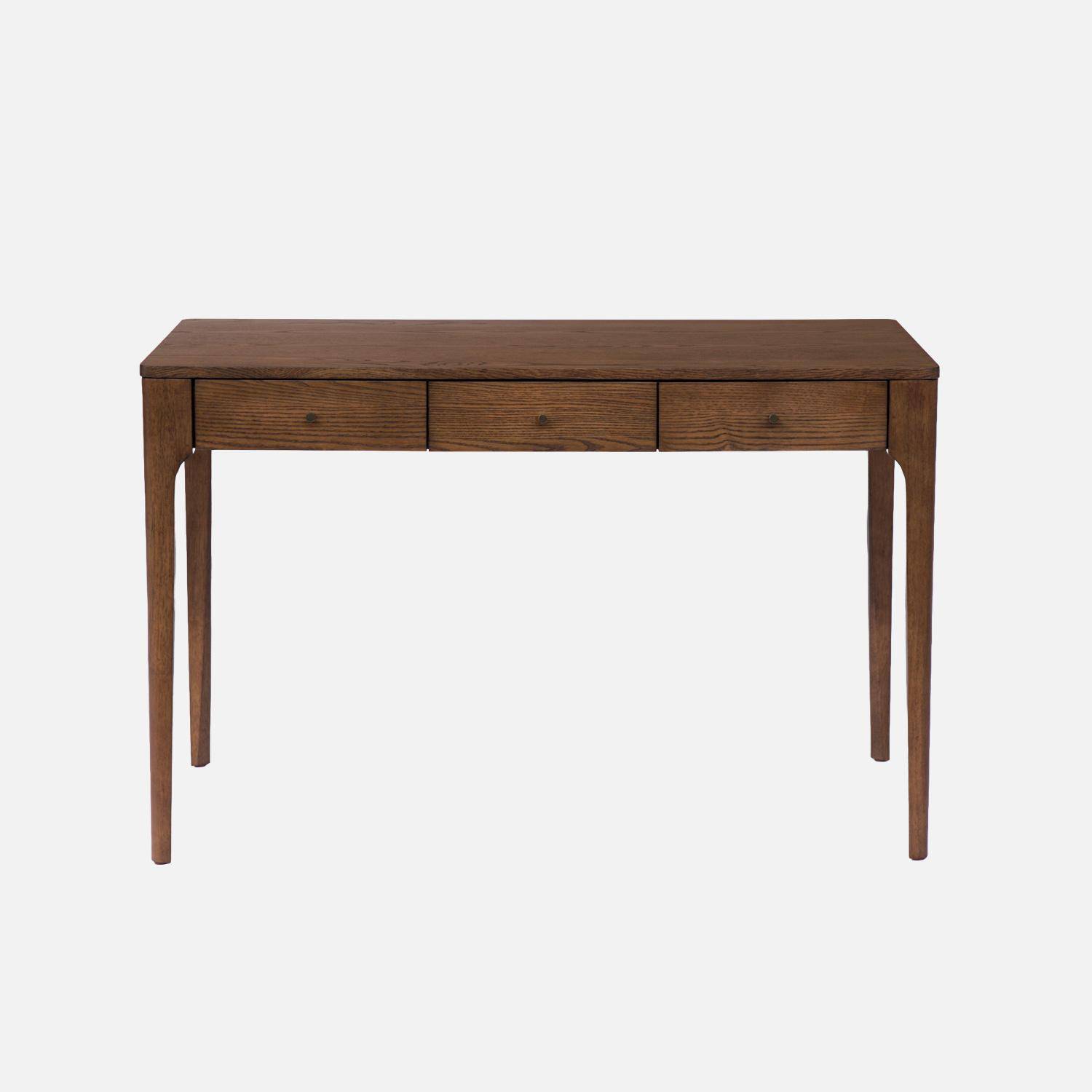 Scrivania in legno di hevea impiallacciato frassino 3 cassetti, Sidonie, Noce, 120x60x76 cm,sweeek,Photo3