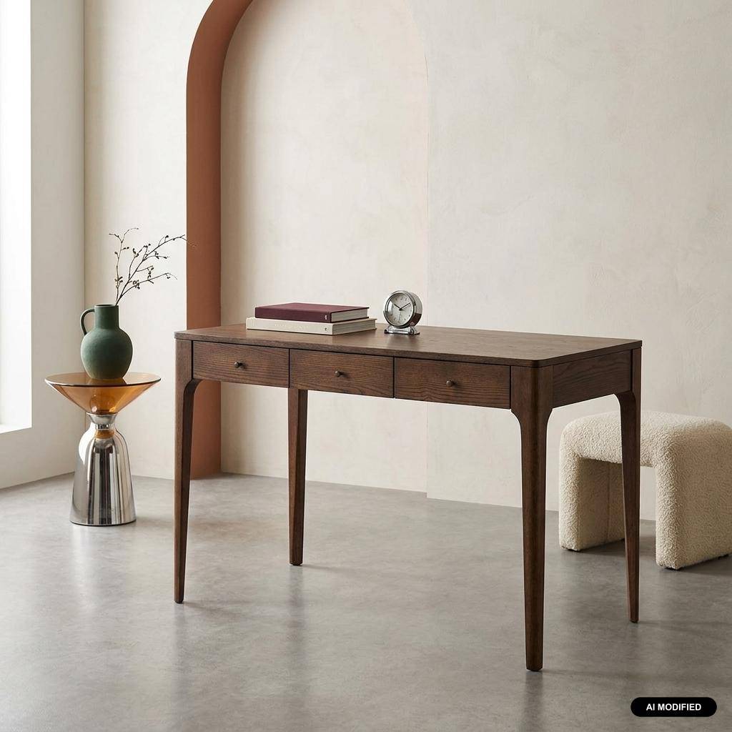 Scrivania in legno di hevea impiallacciato frassino 3 cassetti, Sidonie, Noce, 120x60x76 cm,sweeek,Photo1