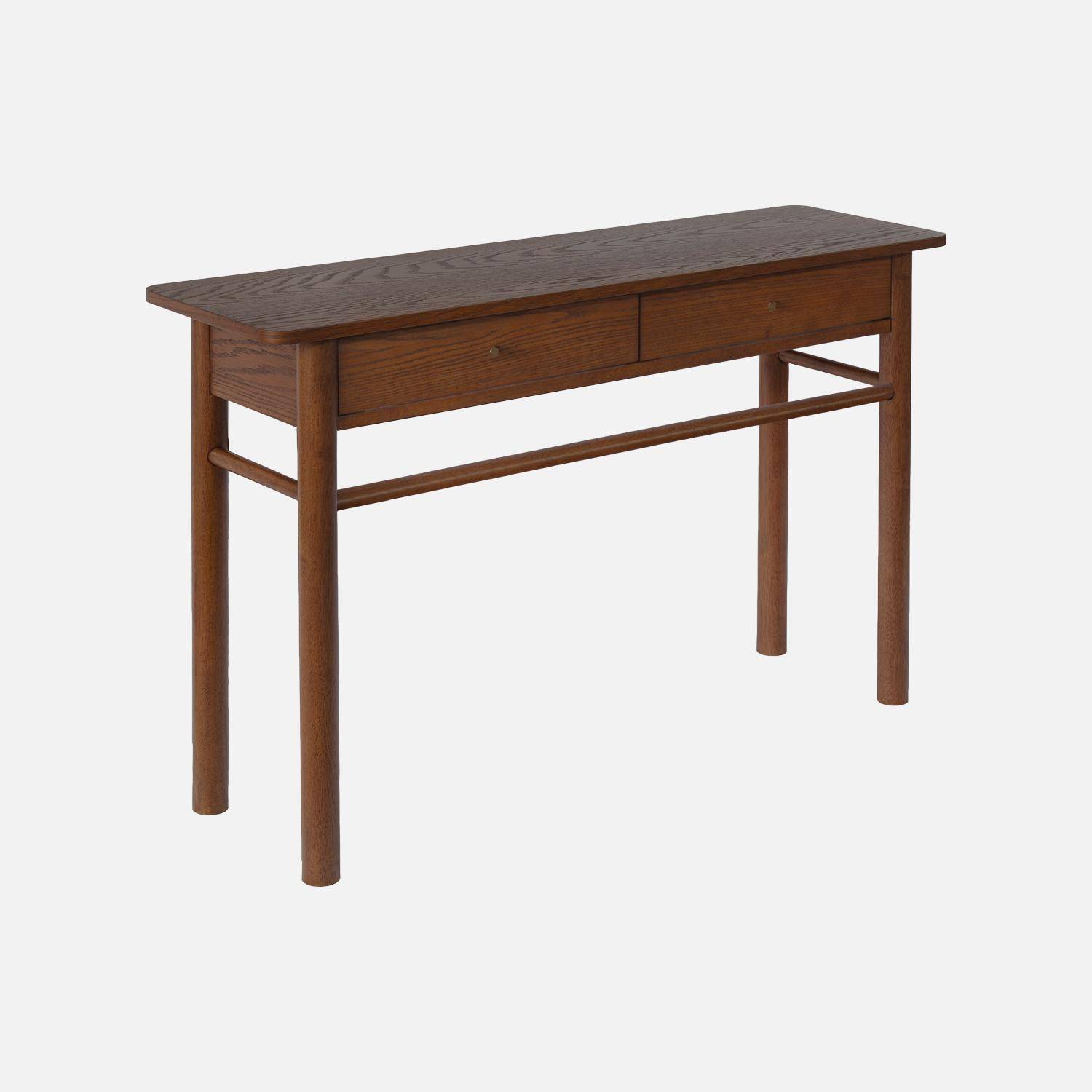 Console bois d'hévéa placage chêne 2 tiroirs noyer - Adele Photo1