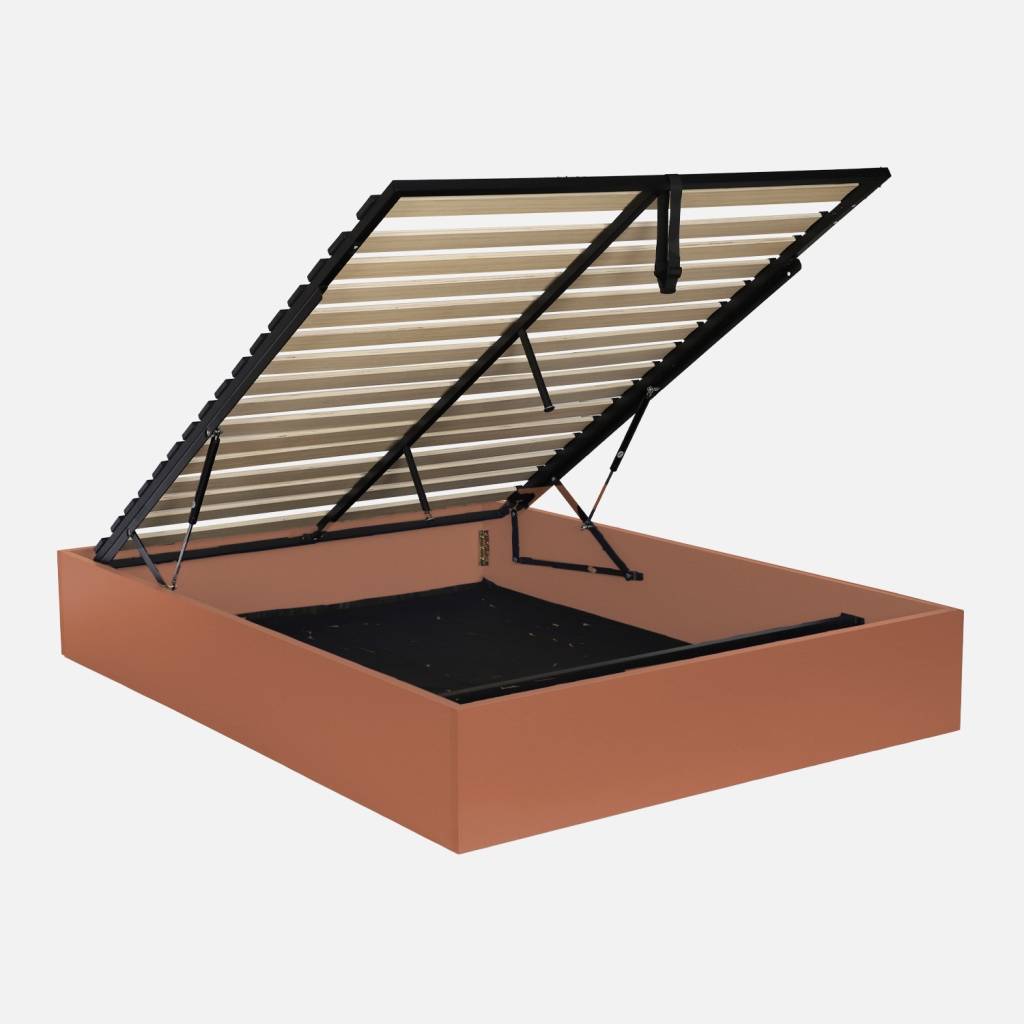 Cama com baú e cabeceira efeito madeira, 140x190 cm, Terracotta