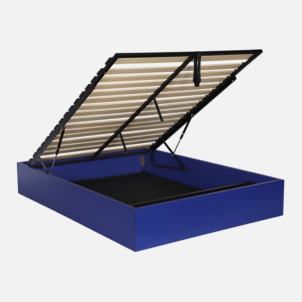 Cama com baú e cabeceira efeito madeira, 140x190 cm, Azul