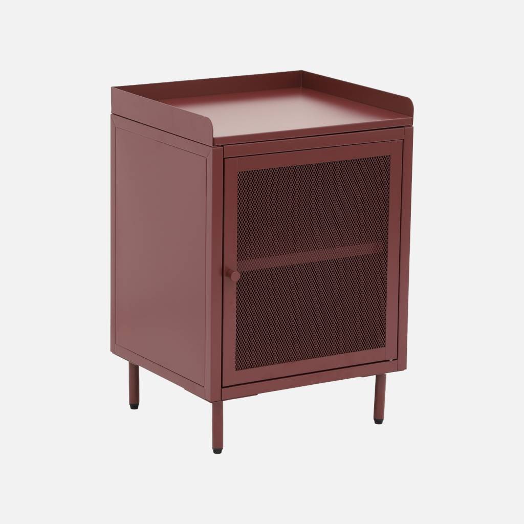 Table de chevet industrielle métal 1 porte grillagée bordeaux