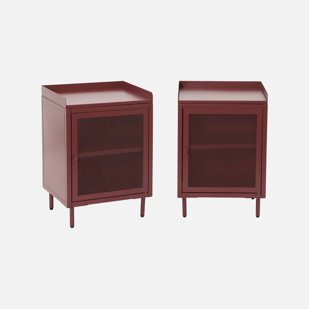 Table de chevet industrielle métal bordeaux 1 porte grillagée (lot de 2)