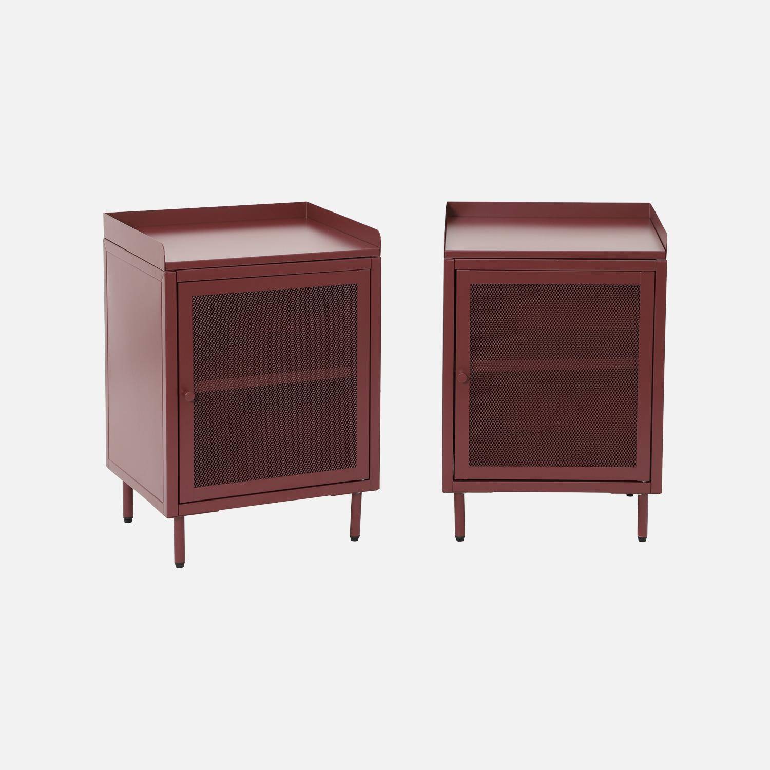 Lot de 2 tables de chevet industrielles métal bordeaux 1 porte grillagée, 40 x 37 x 58,5 cm - Ohio Photo1
