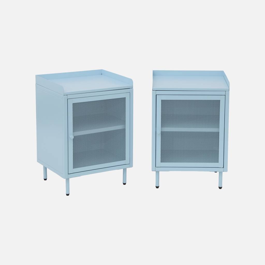 Table de chevet industrielle métal bleu clair 1 porte grillagée (lot de 2)