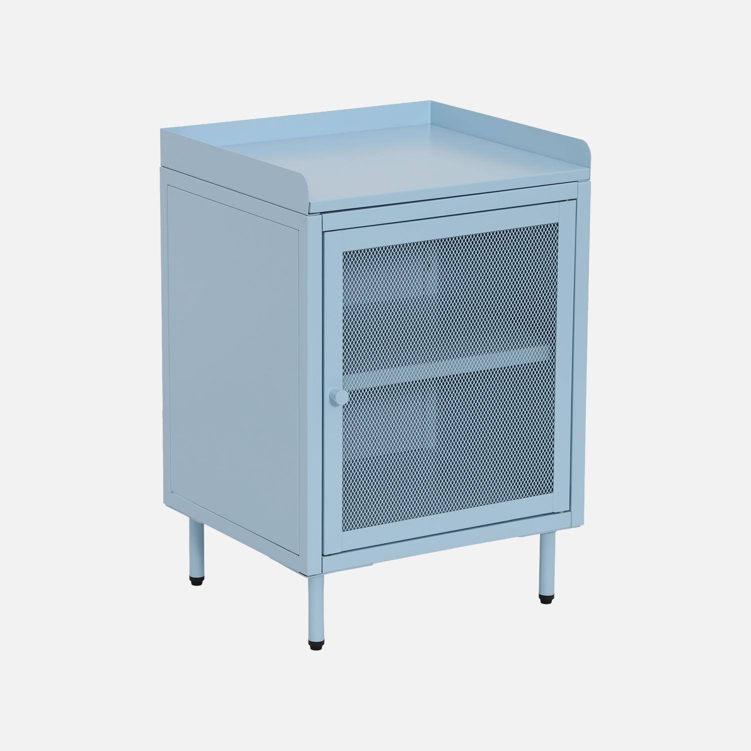 Lot de 2 tables de chevet industrielles métal bleu clair 1 porte grillagée, 40 x 37 x 58,5 cm - Ohio,sweeek,Photo2