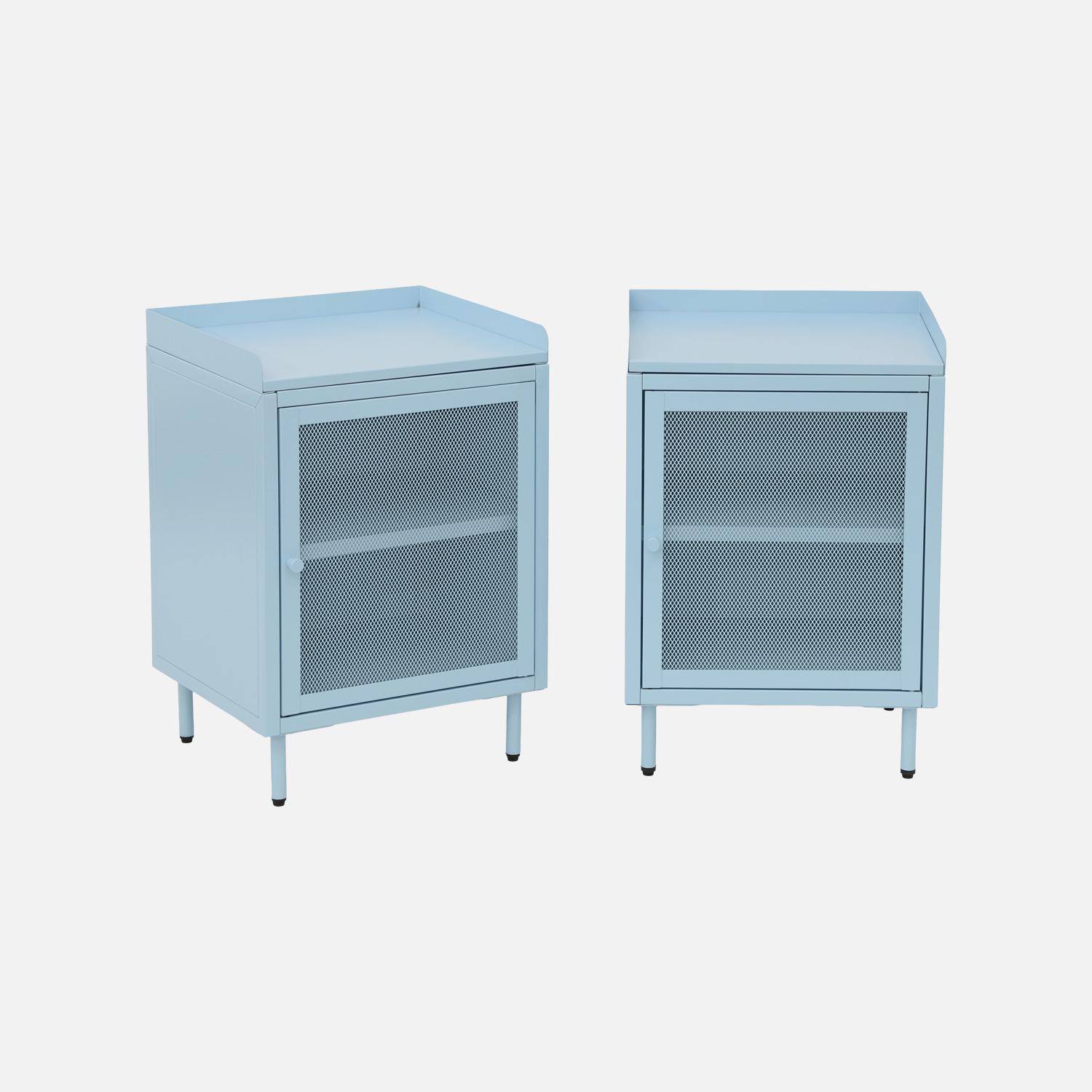 Lot de 2 tables de chevet industrielles métal bleu clair 1 porte grillagée, 40 x 37 x 58,5 cm - Ohio,sweeek,Photo1