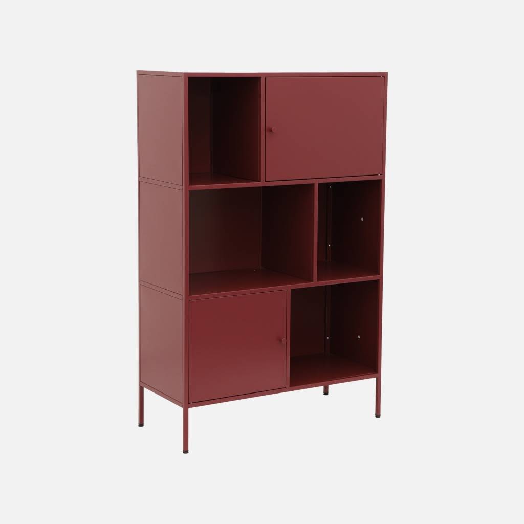 Buffet, meuble de rangement industriel métal bordeaux 6 compartiments