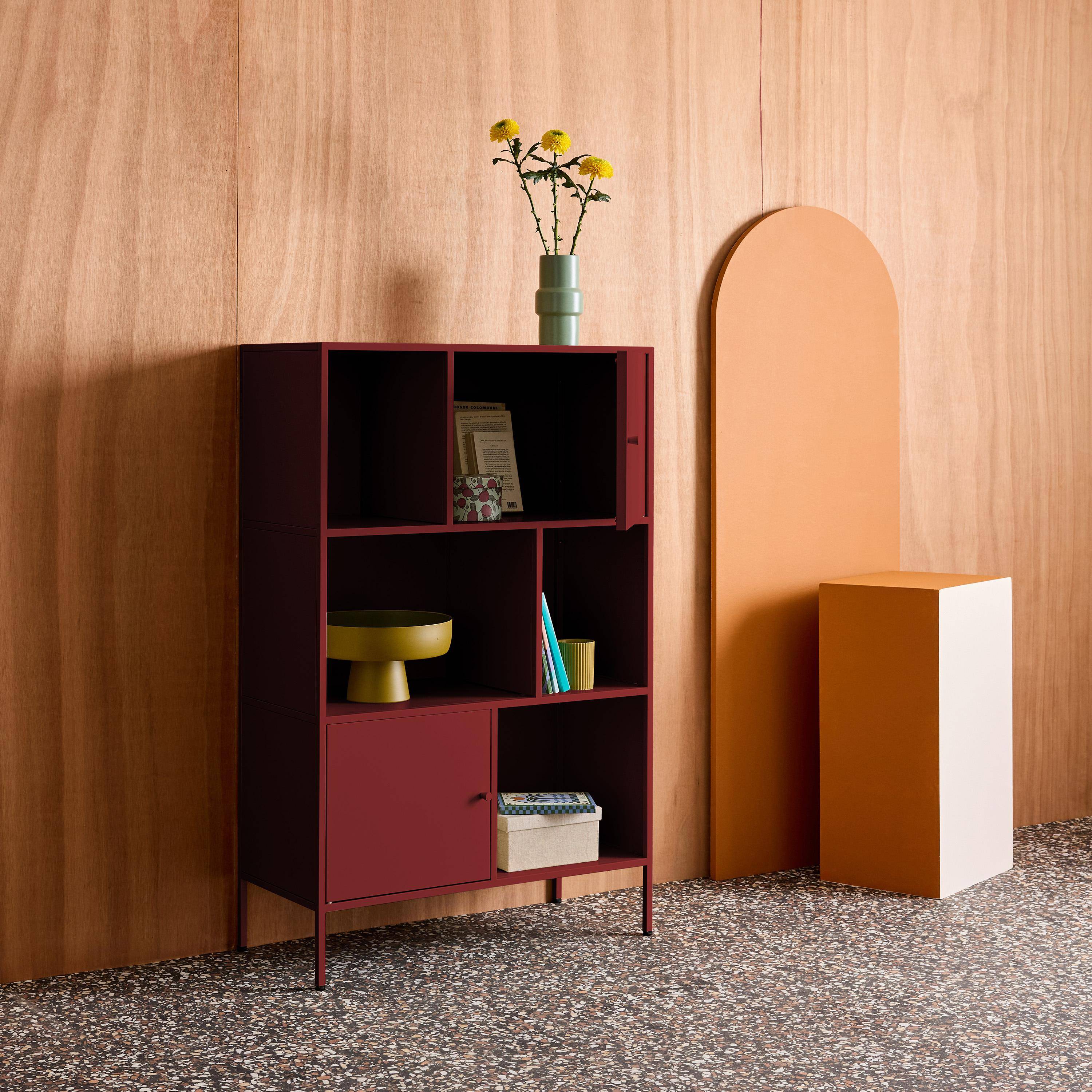 Buffet, meuble de rangement industriel métal bordeaux 6 compartiments, L 80 x P 35 x H 125cm - Oklahoma Photo4